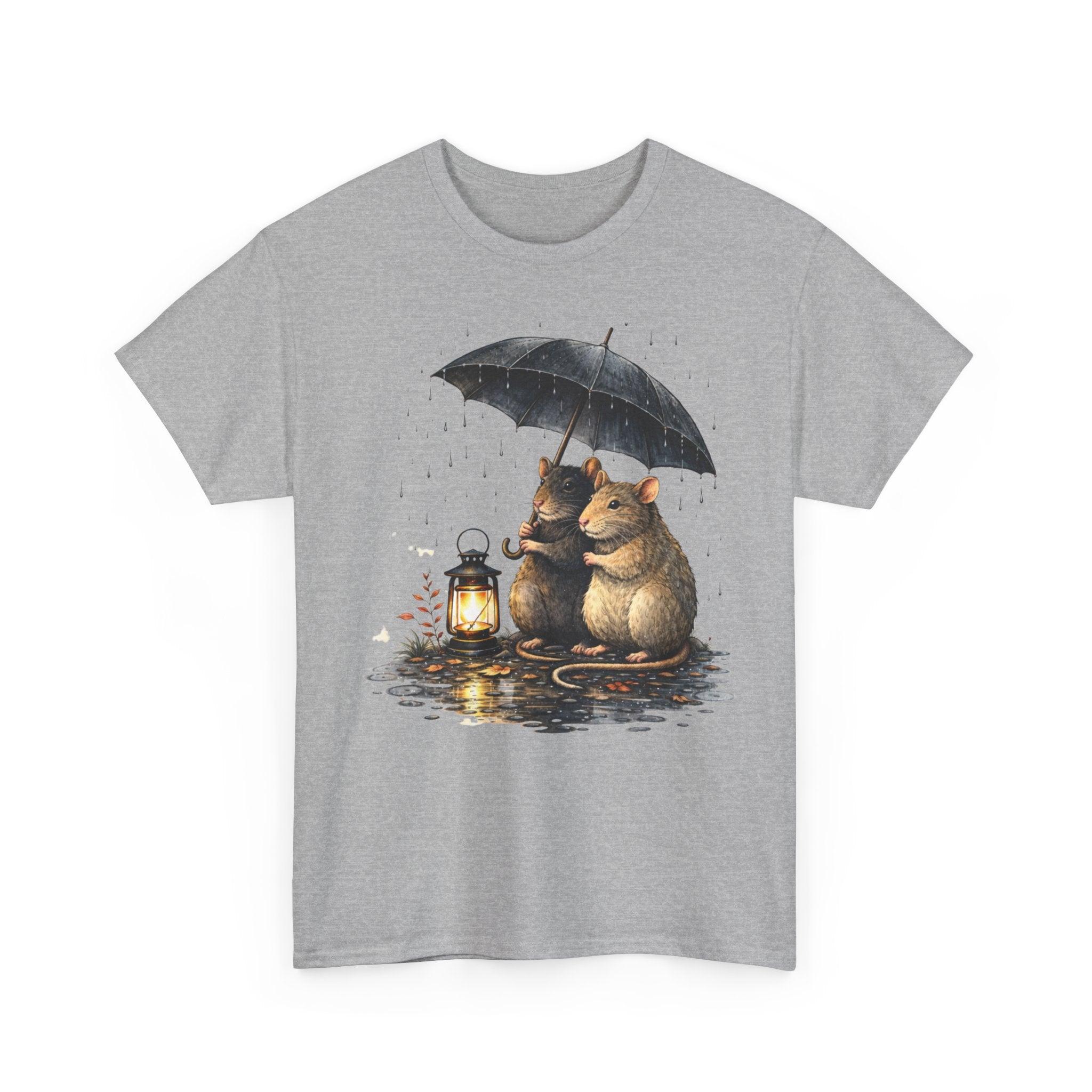 Cute Mice Under Umbrella T-Shirt — Cozy Rainy Night Lantern Tee