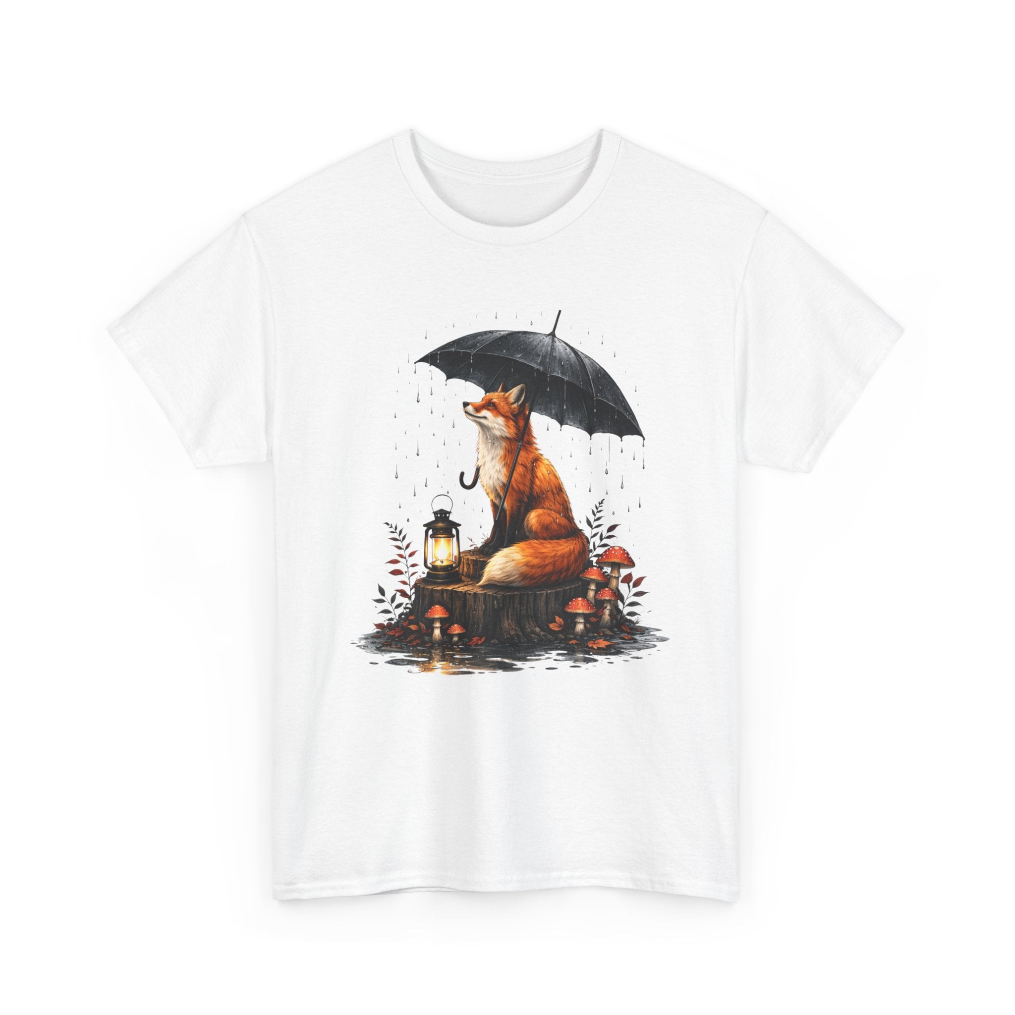 Fox with Umbrella T-Shirt — Whimsical Lantern & Mushroom Forest Tee