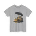 Raccoon Under Umbrella Tee — Cozy Lantern Rainwater Illustration T-Shirt
