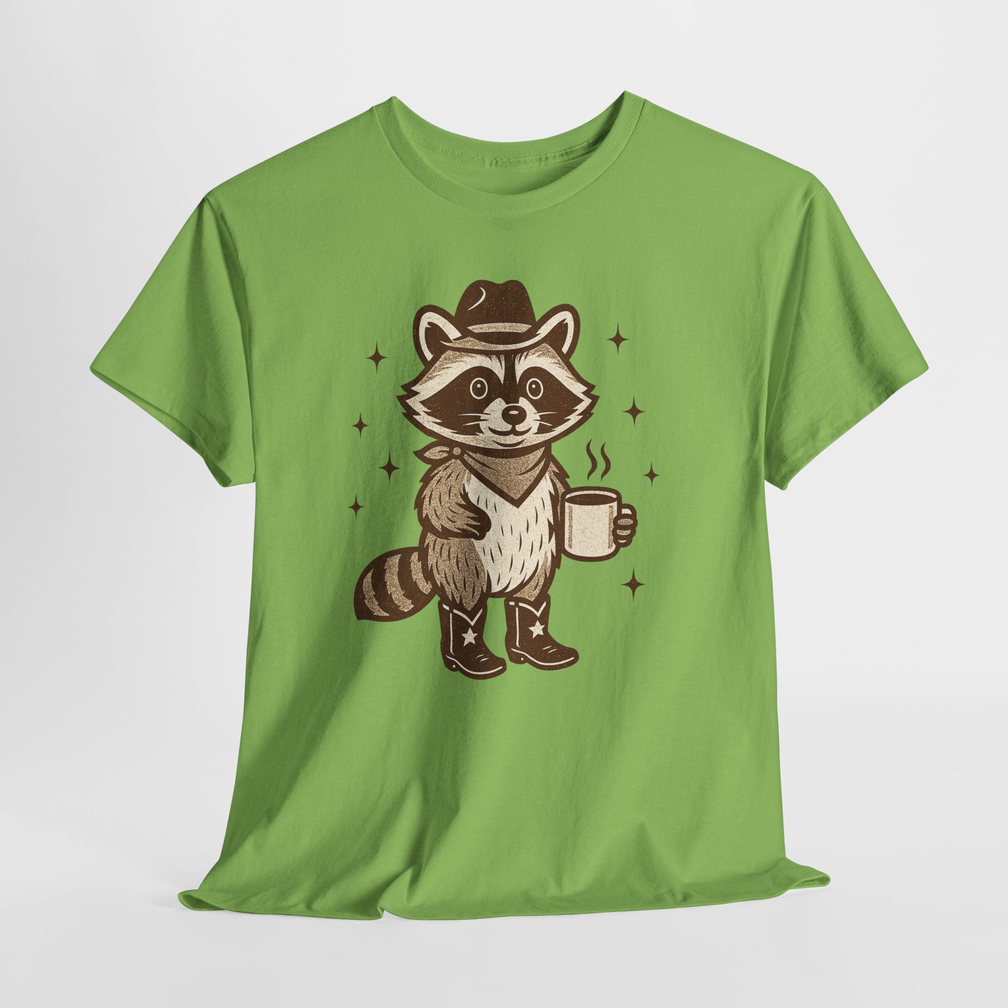 Coffee Raccoon T‑Shirt — Cute Cowboy Raccoon Holding Coffee Graphic Tee