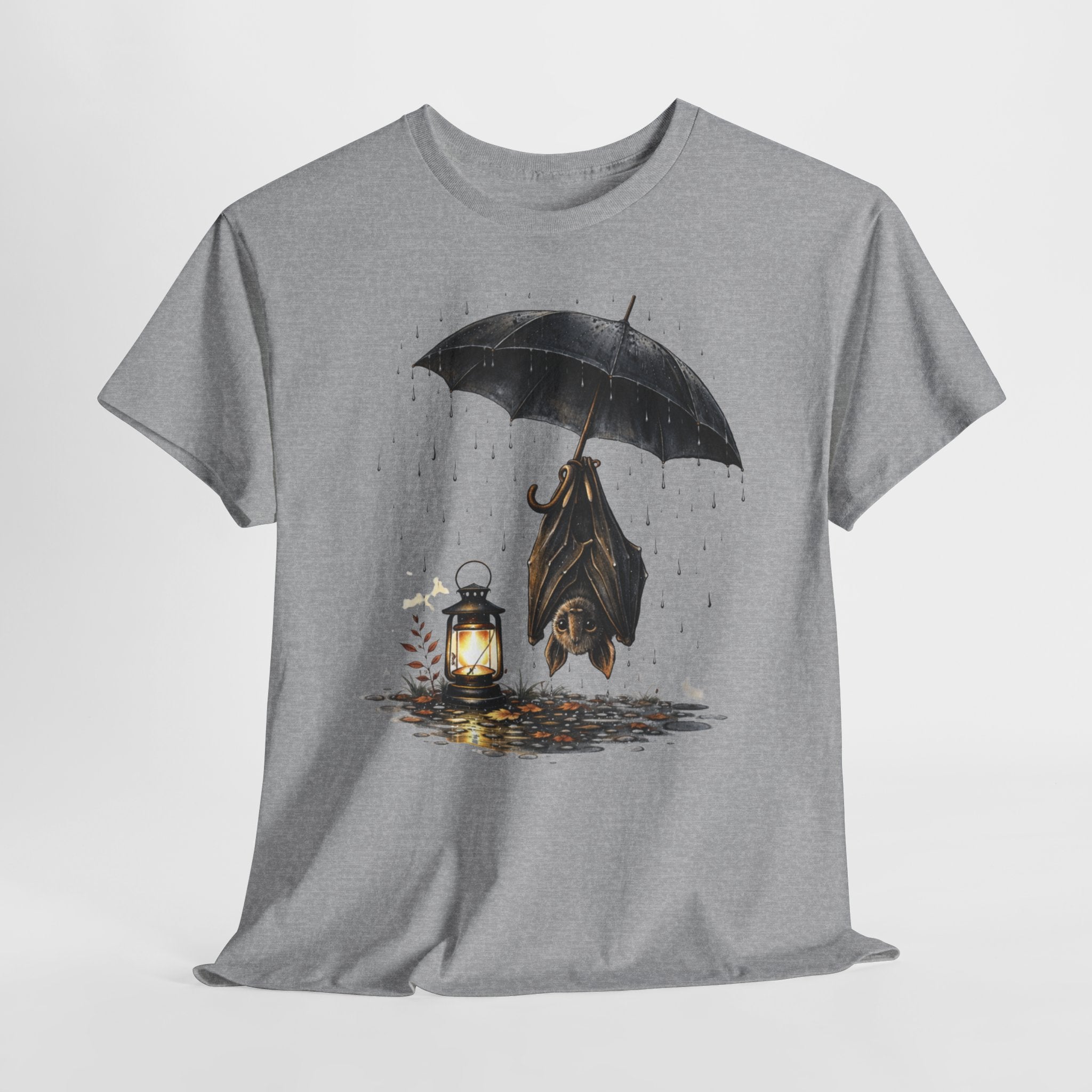 Bat Under Umbrella T‑Shirt — Lantern & Rain Gothic Cute Tee