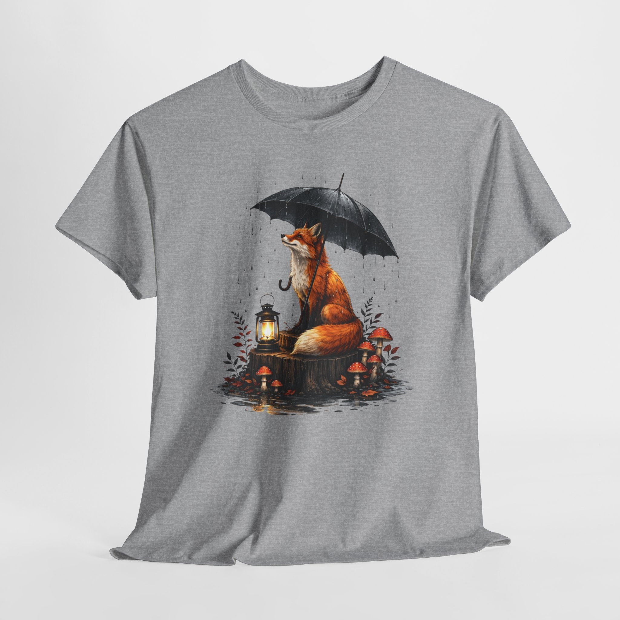 Fox with Umbrella T-Shirt — Whimsical Lantern & Mushroom Forest Tee