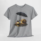 Snail with Lantern & Umbrella T-Shirt — Cozy Rainy Night Graphic Tee