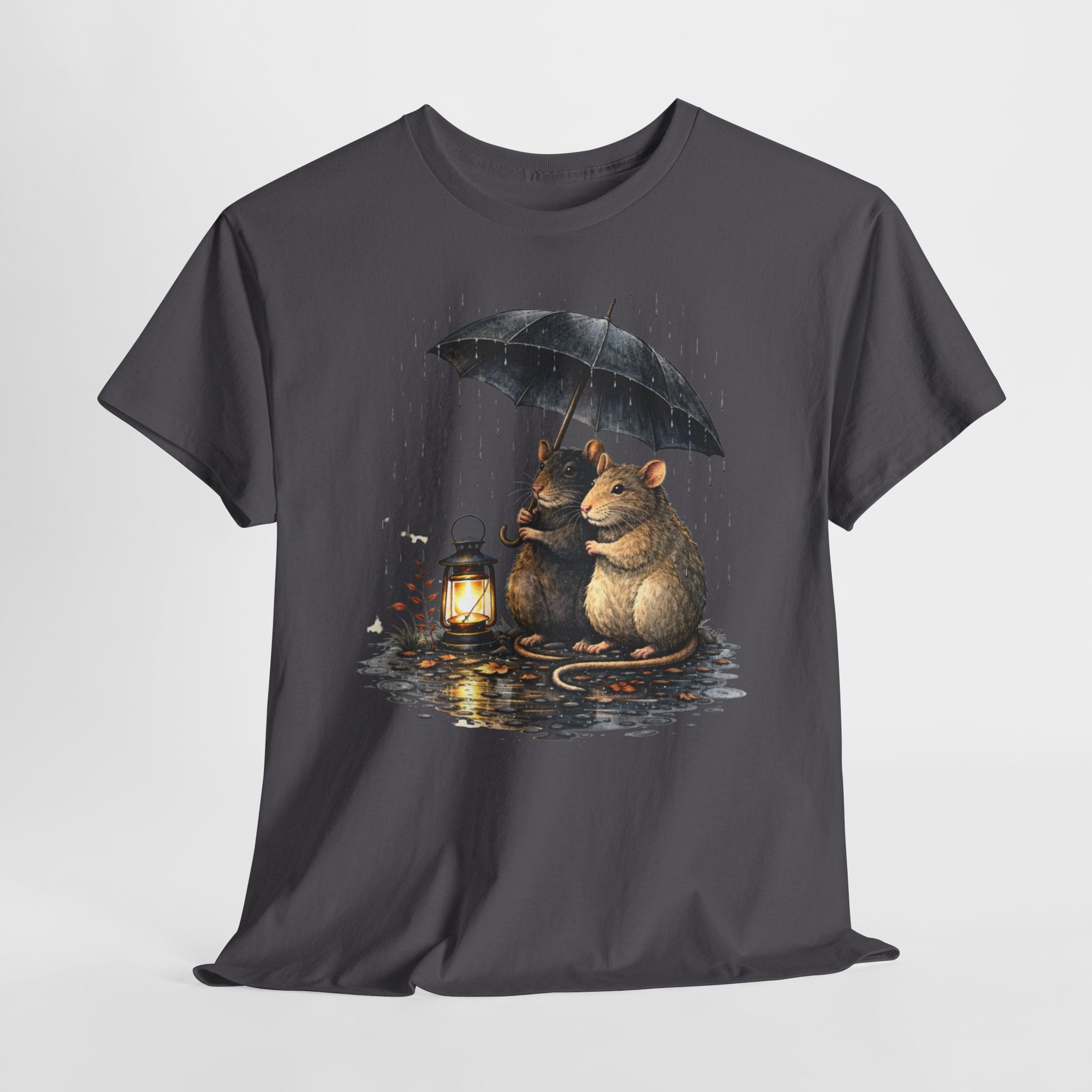 Cute Mice Under Umbrella T-Shirt — Cozy Rainy Night Lantern Tee