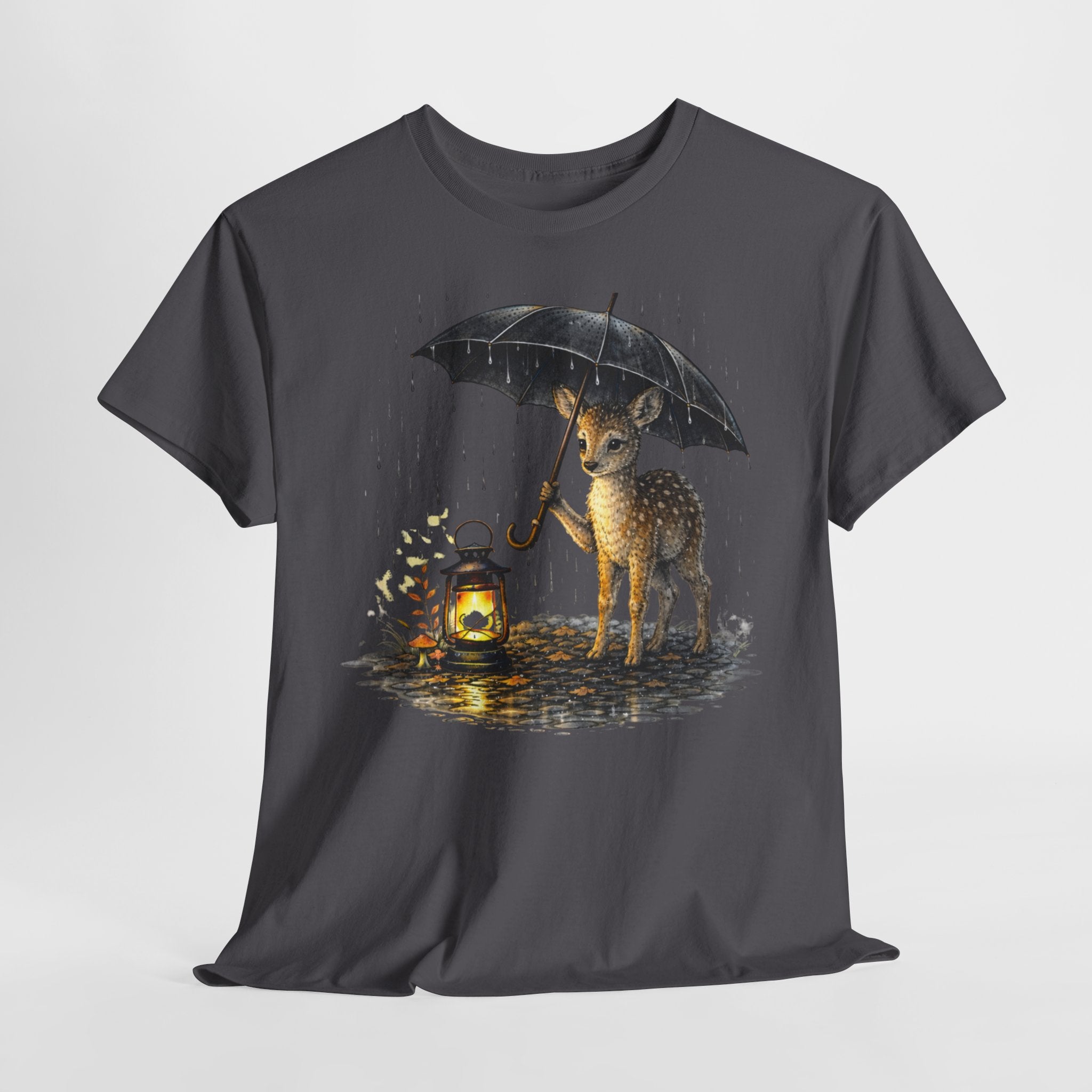 Fawn with Lantern T‑Shirt — Cute Deer Holding Umbrella in Rain Graphic Tee