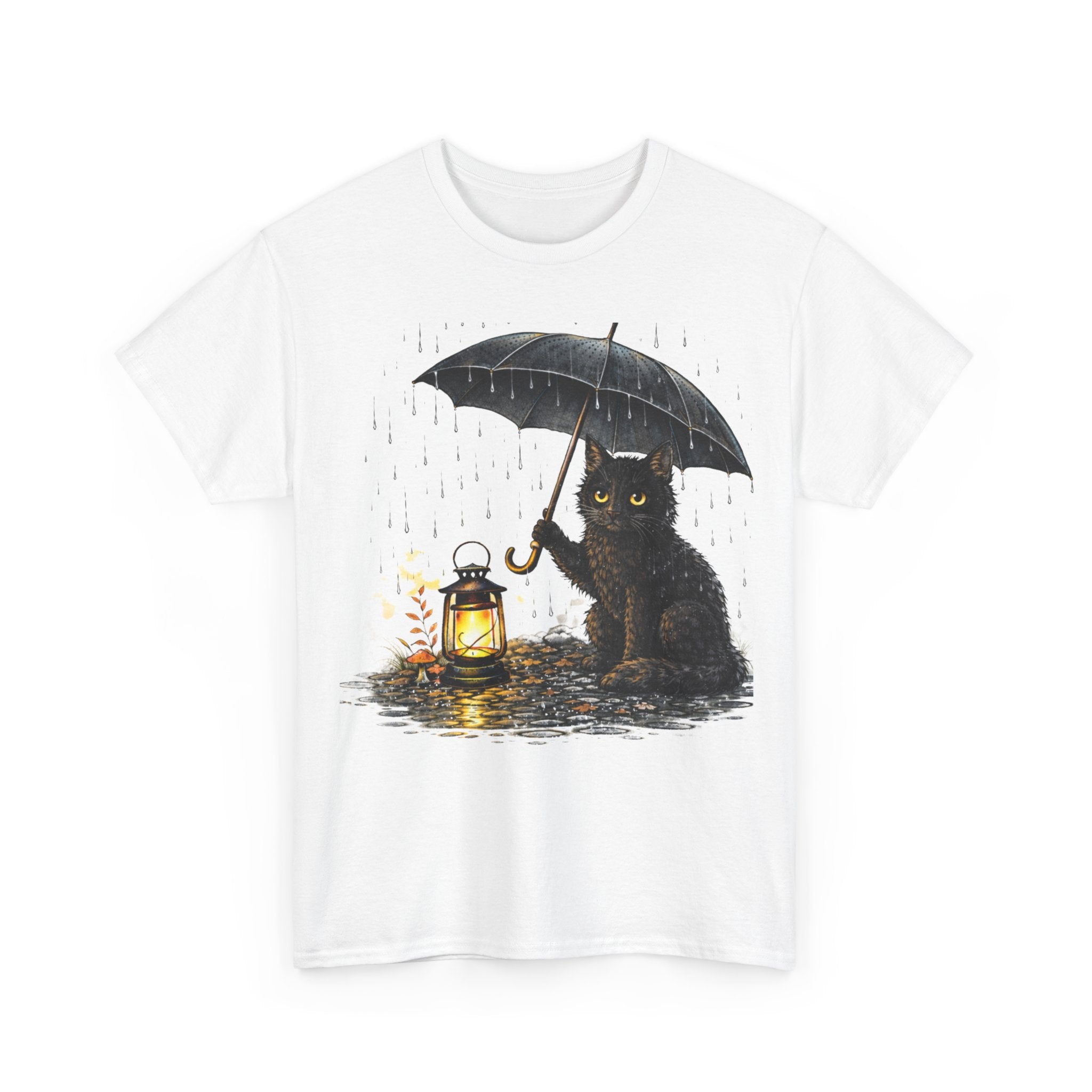Black Cat with Lantern T‑Shirt — Cute Rainy Night Graphic Tee