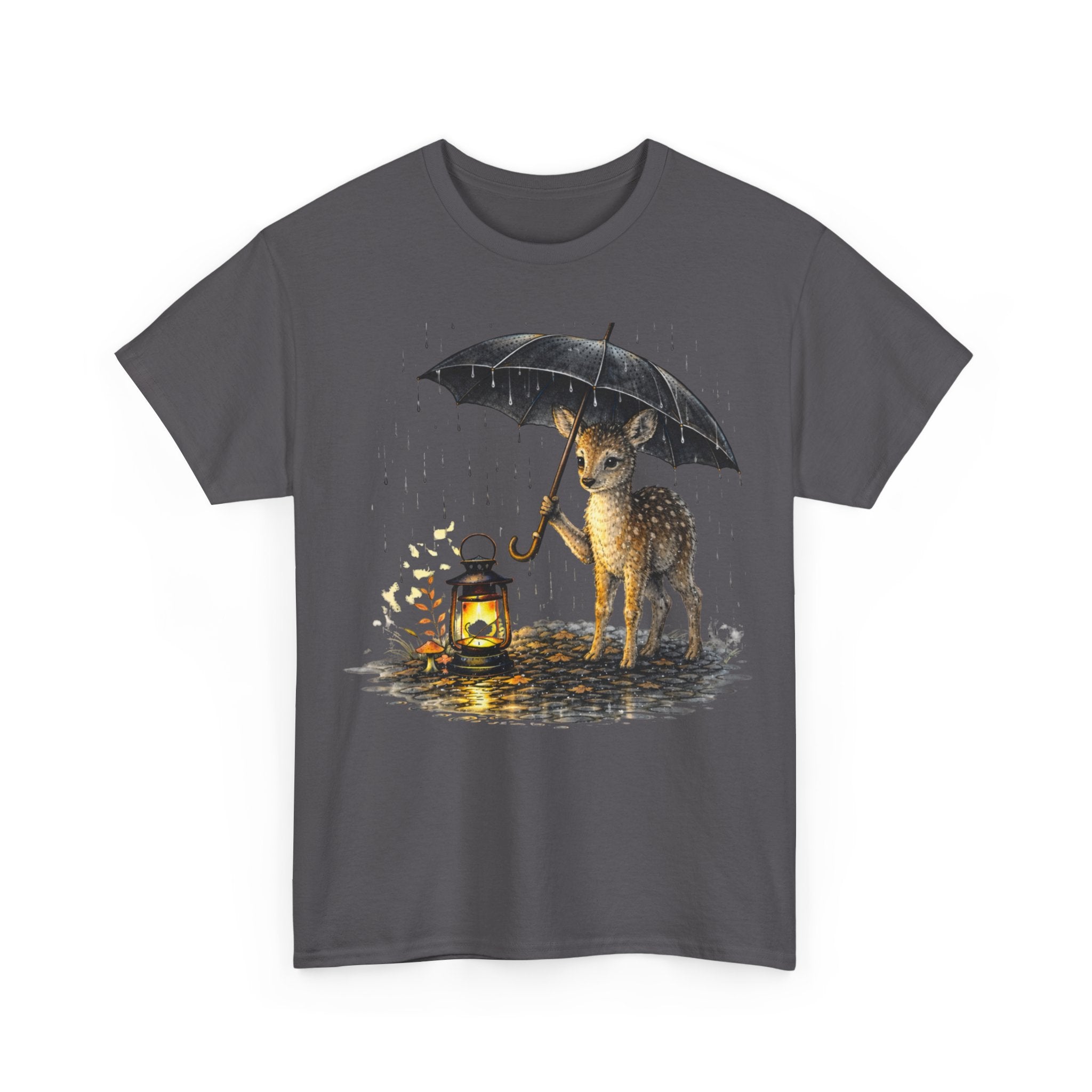 Fawn with Lantern T‑Shirt — Cute Deer Holding Umbrella in Rain Graphic Tee