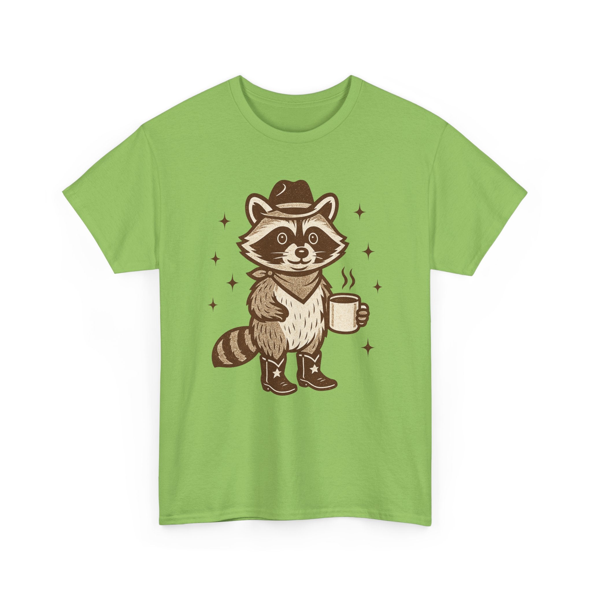Coffee Raccoon T‑Shirt — Cute Cowboy Raccoon Holding Coffee Graphic Tee