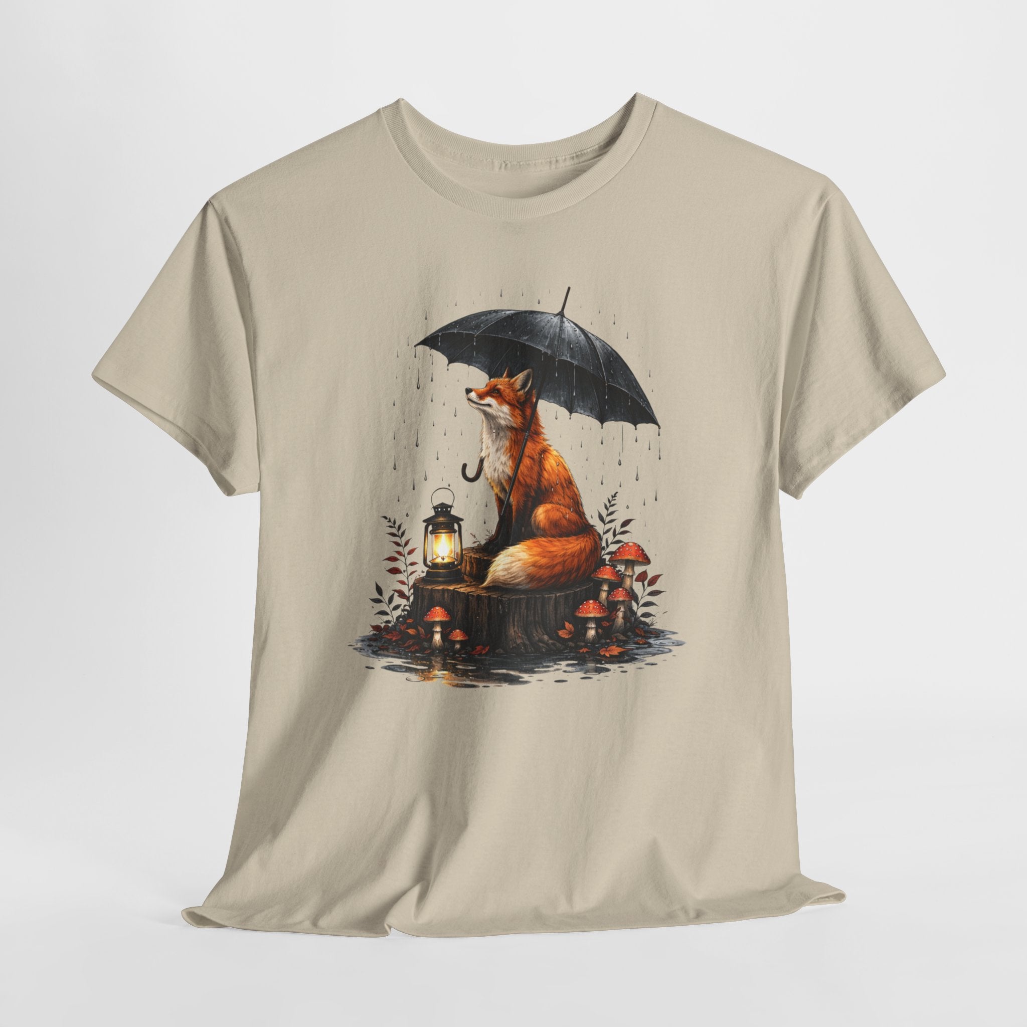 Fox with Umbrella T-Shirt — Whimsical Lantern & Mushroom Forest Tee
