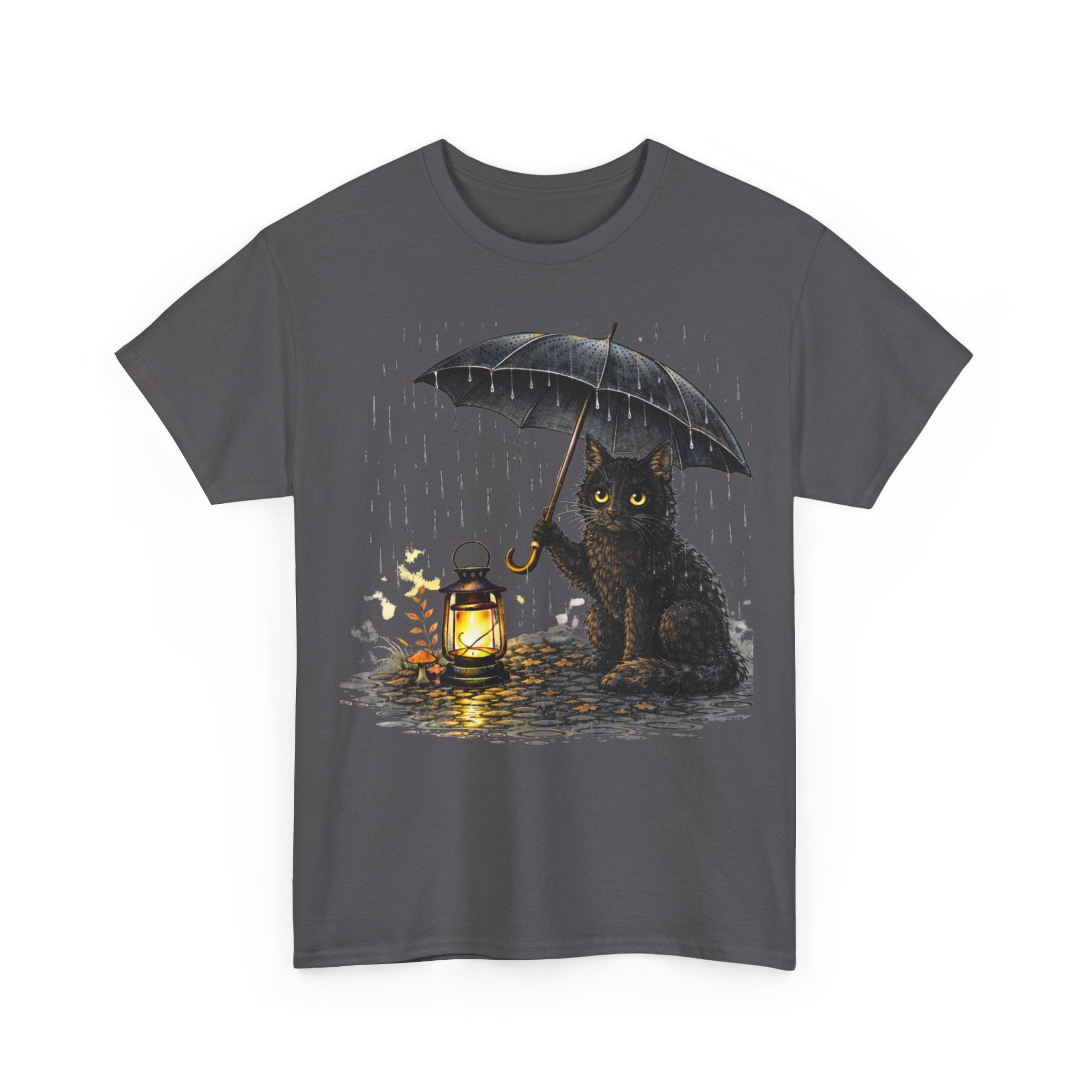 Black Cat with Lantern T‑Shirt — Cute Rainy Night Graphic Tee