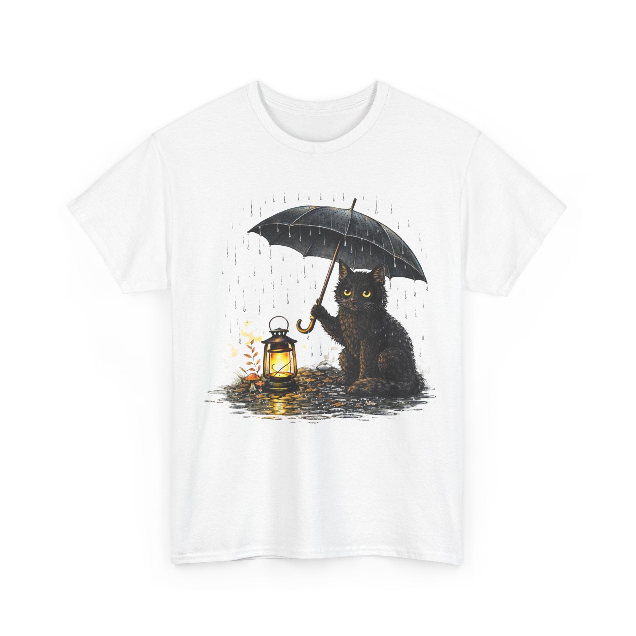 Cat with Lantern T-Shirt — Black Cat Holding Umbrella in Rain Graphic Tee