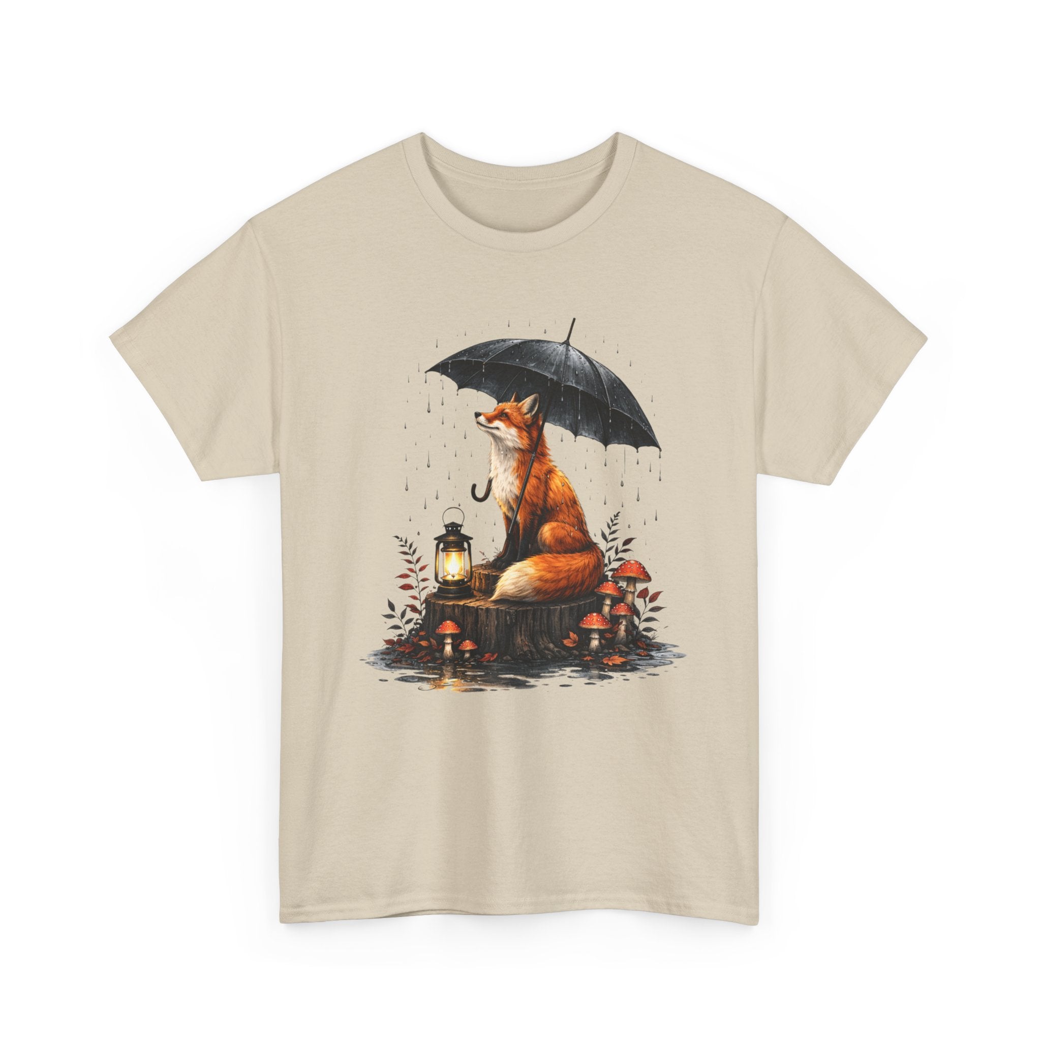 Fox with Umbrella T-Shirt — Whimsical Lantern & Mushroom Forest Tee