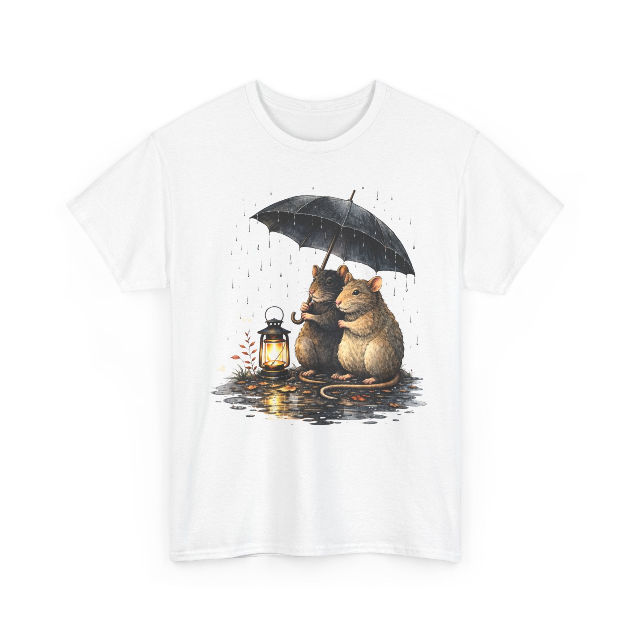 Cute Mice Under Umbrella T-Shirt — Cozy Rainy Night Lantern Tee