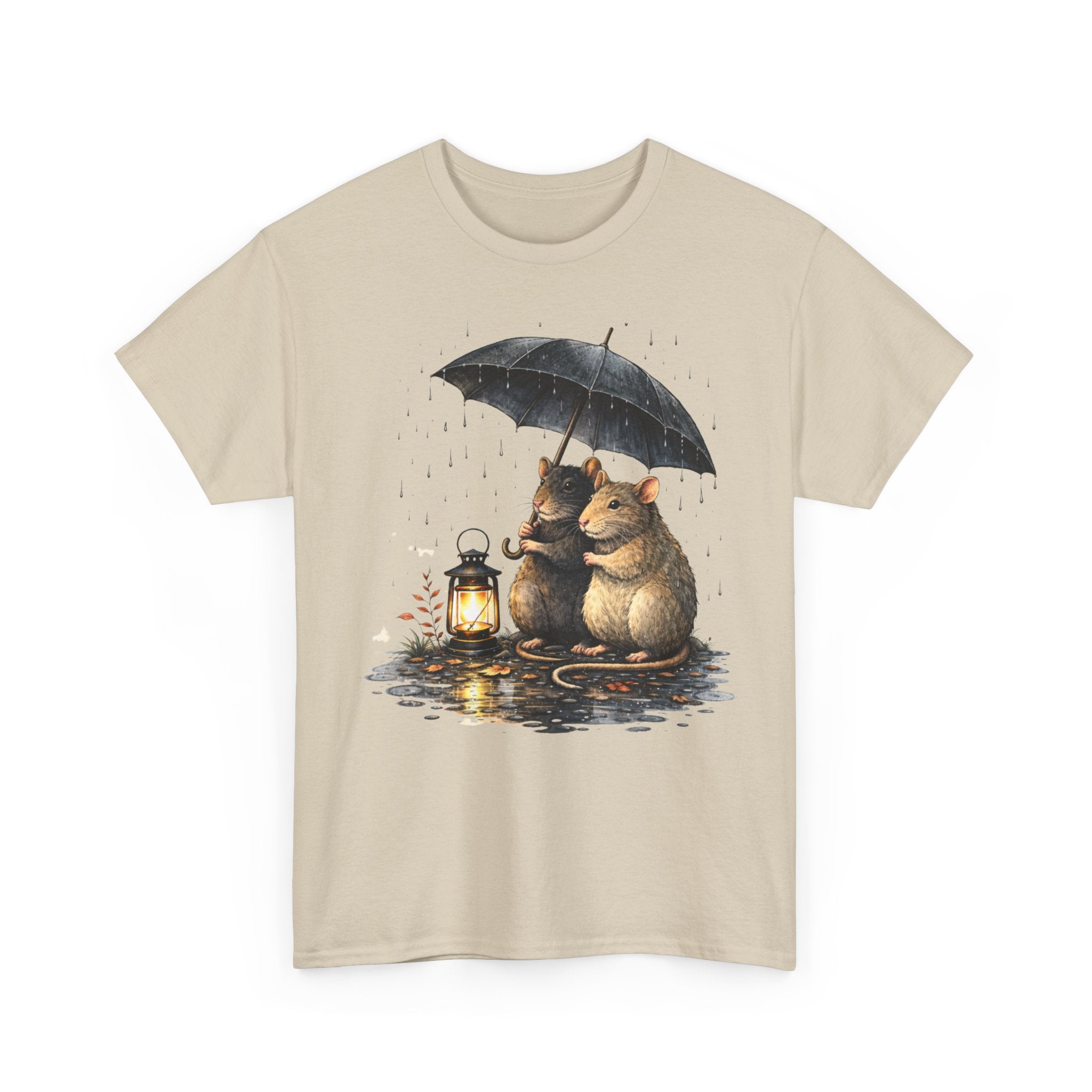 Cute Mice Under Umbrella T-Shirt — Cozy Rainy Night Lantern Tee