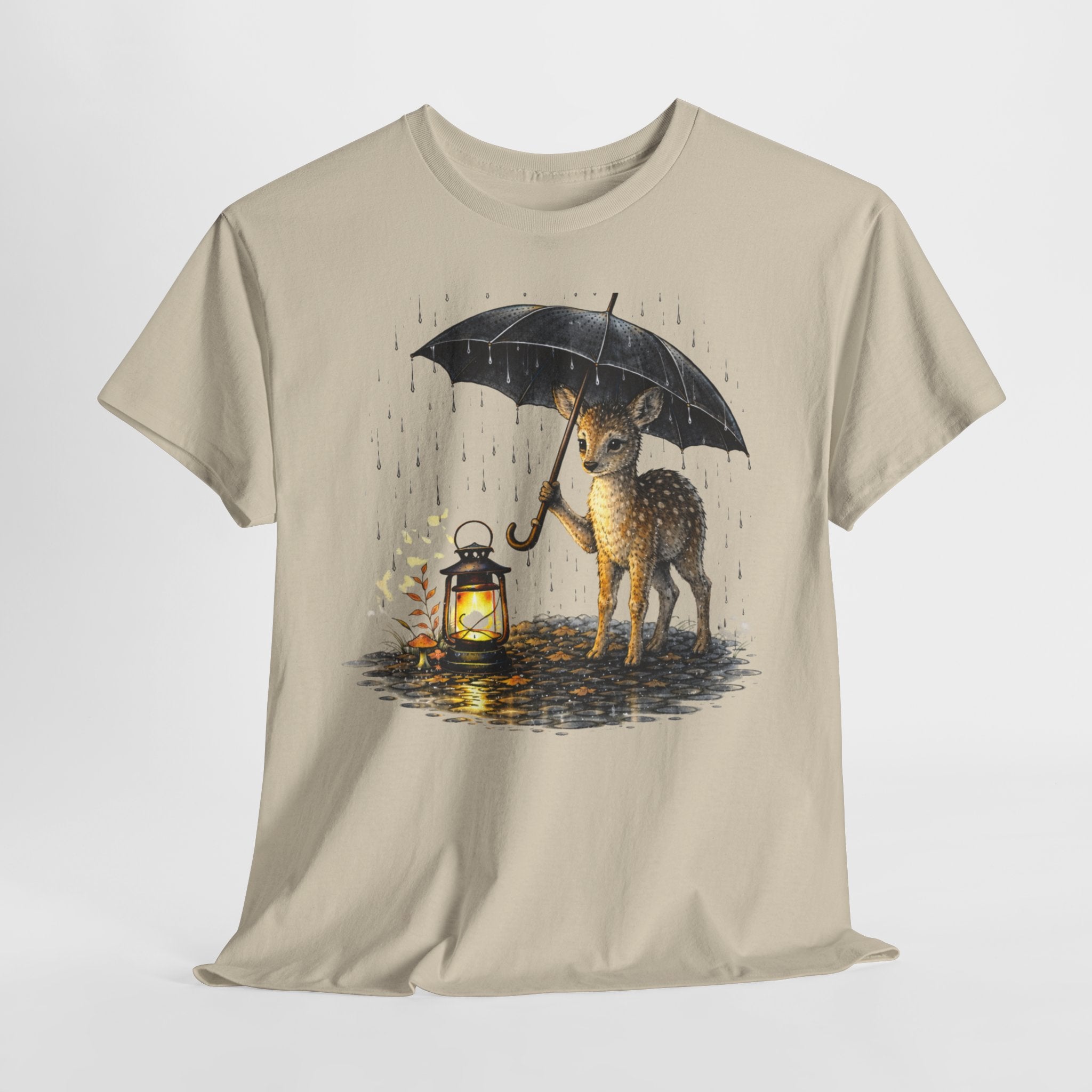 Fawn with Lantern T‑Shirt — Cute Deer Holding Umbrella in Rain Graphic Tee