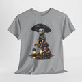 Skeleton on Mushrooms Graphic Tee — Gothic Halloween Skull Umbrella Shirt