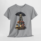 Skeleton on Mushrooms Graphic Tee — Gothic Halloween Skull Umbrella Shirt