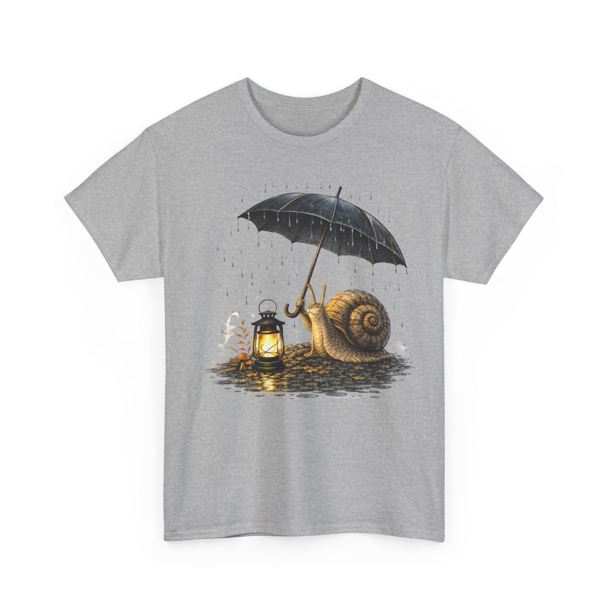 Snail with Lantern & Umbrella T-Shirt — Cozy Rainy Night Graphic Tee