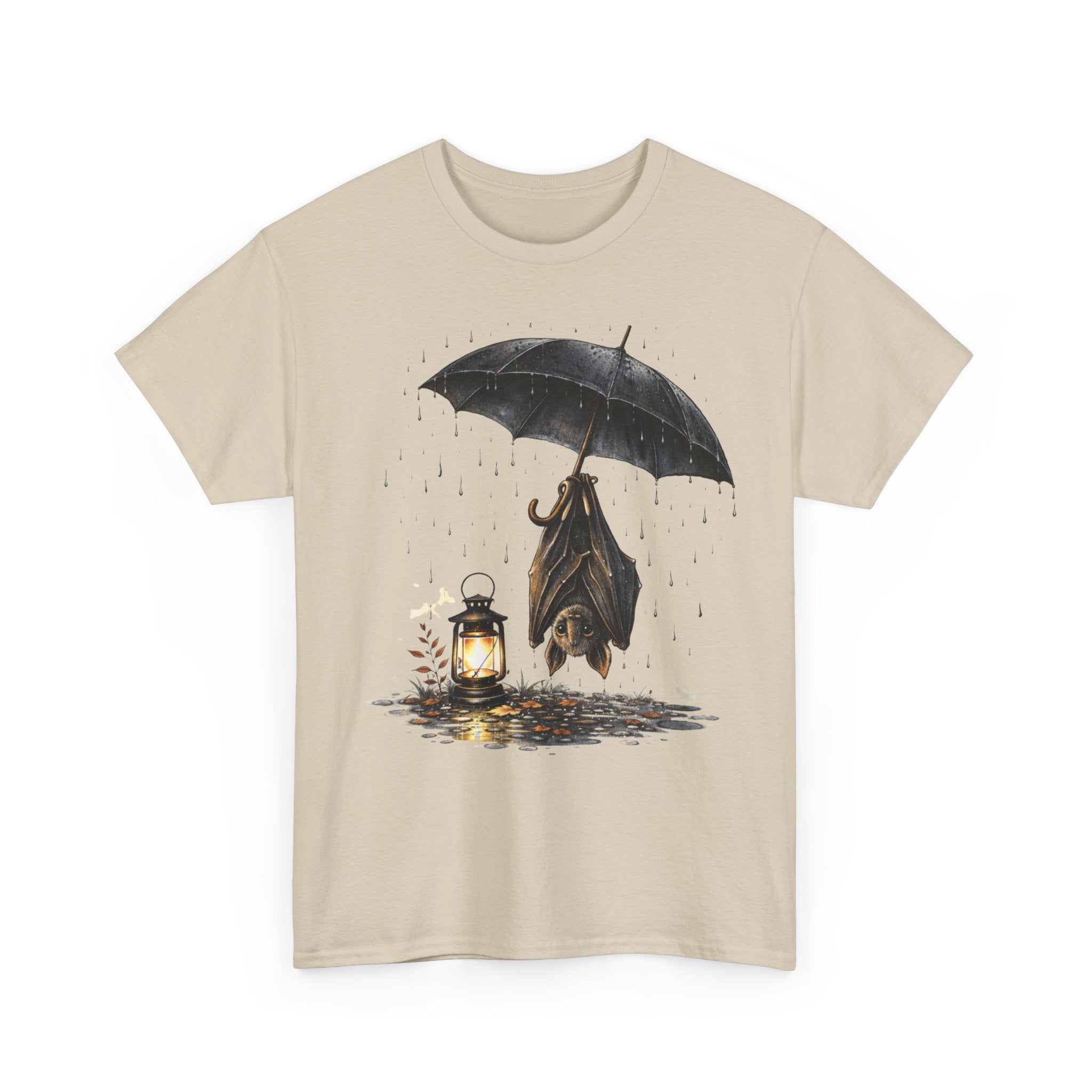 Bat Under Umbrella T‑Shirt — Lantern & Rain Gothic Cute Tee