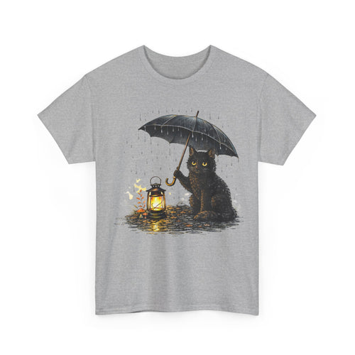 Cat with Lantern T-Shirt — Black Cat Holding Umbrella in Rain Graphic Tee