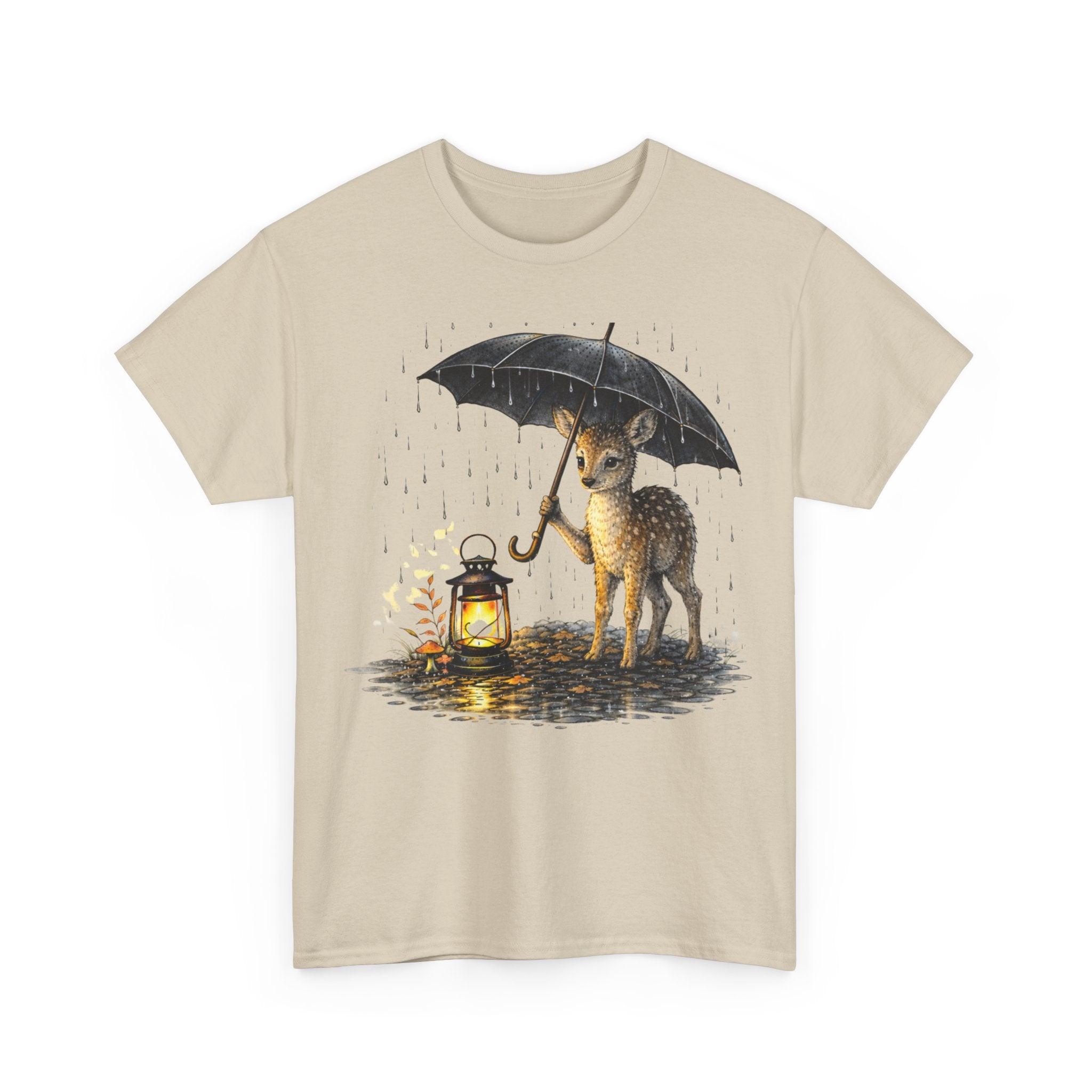 Fawn with Lantern T‑Shirt — Cute Deer Holding Umbrella in Rain Graphic Tee