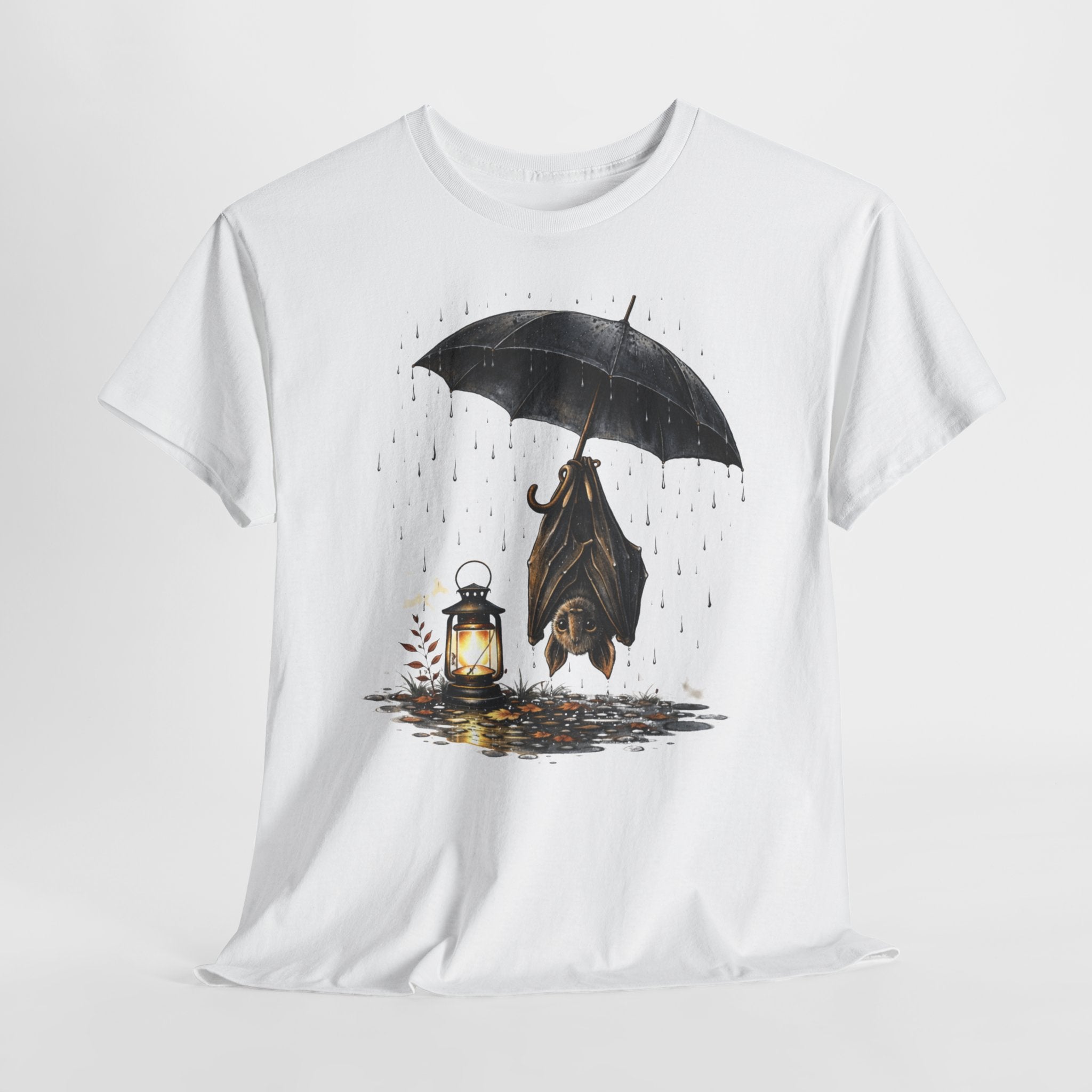 Bat Under Umbrella T‑Shirt — Lantern & Rain Gothic Cute Tee