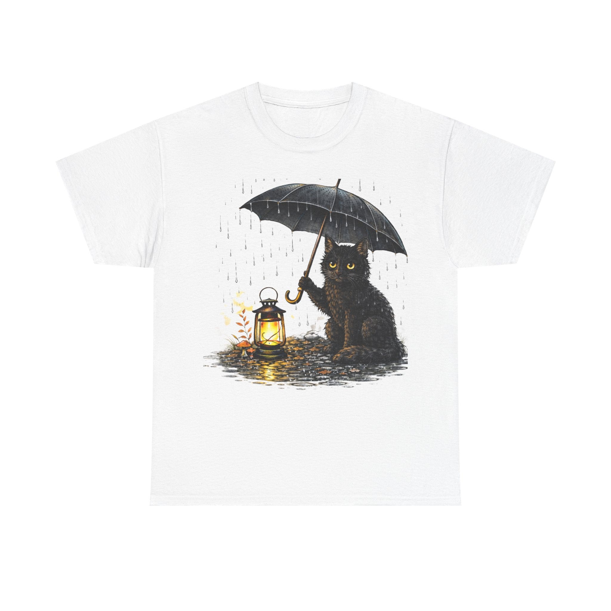 Black Cat with Lantern T‑Shirt — Cute Rainy Night Graphic Tee