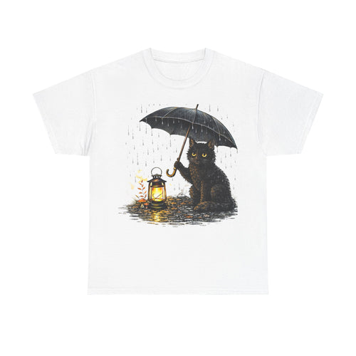 Black Cat with Lantern T‑Shirt — Cute Rainy Night Graphic Tee