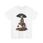Skeleton on Mushrooms Graphic Tee — Gothic Halloween Skull Umbrella Shirt