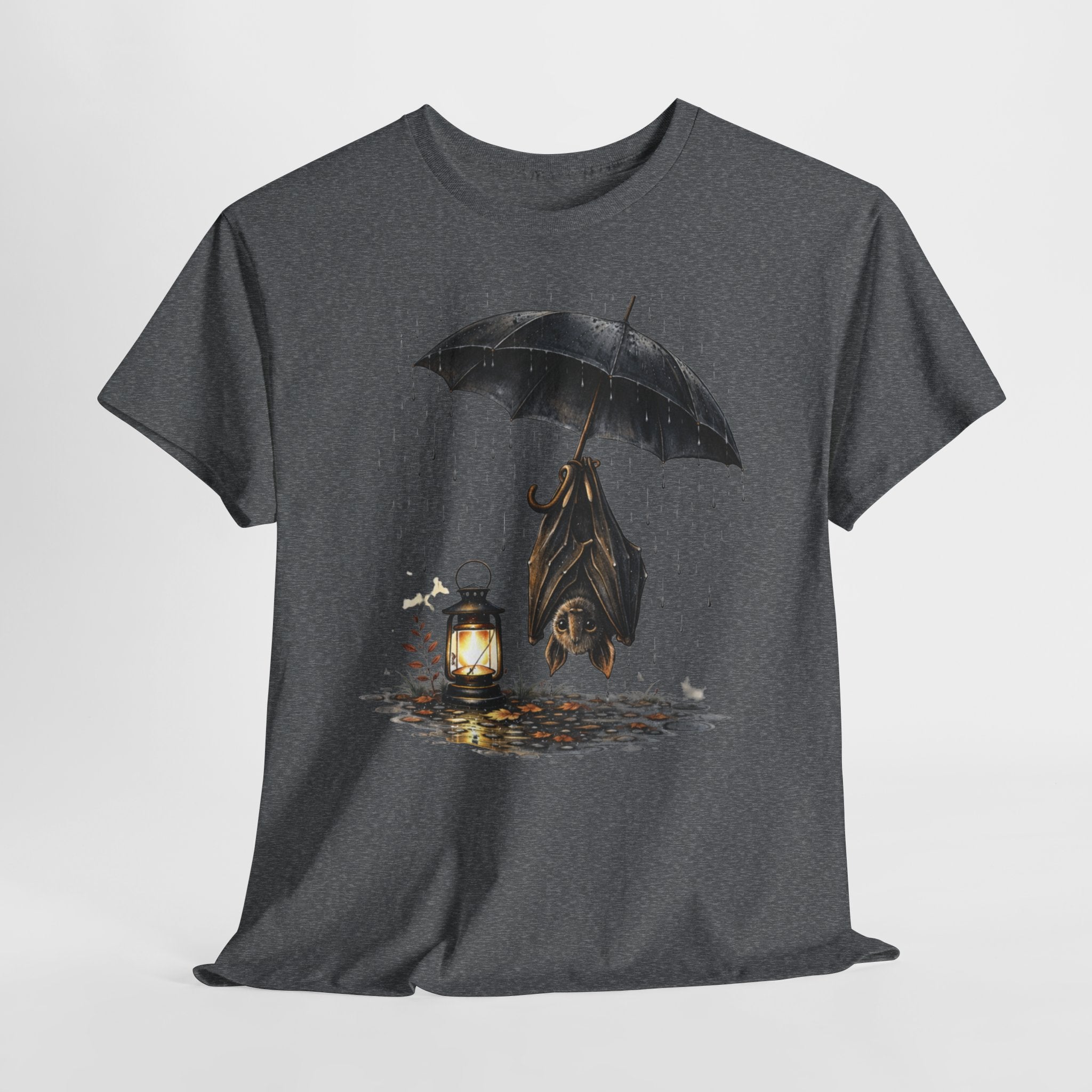 Bat Under Umbrella T‑Shirt — Lantern & Rain Gothic Cute Tee