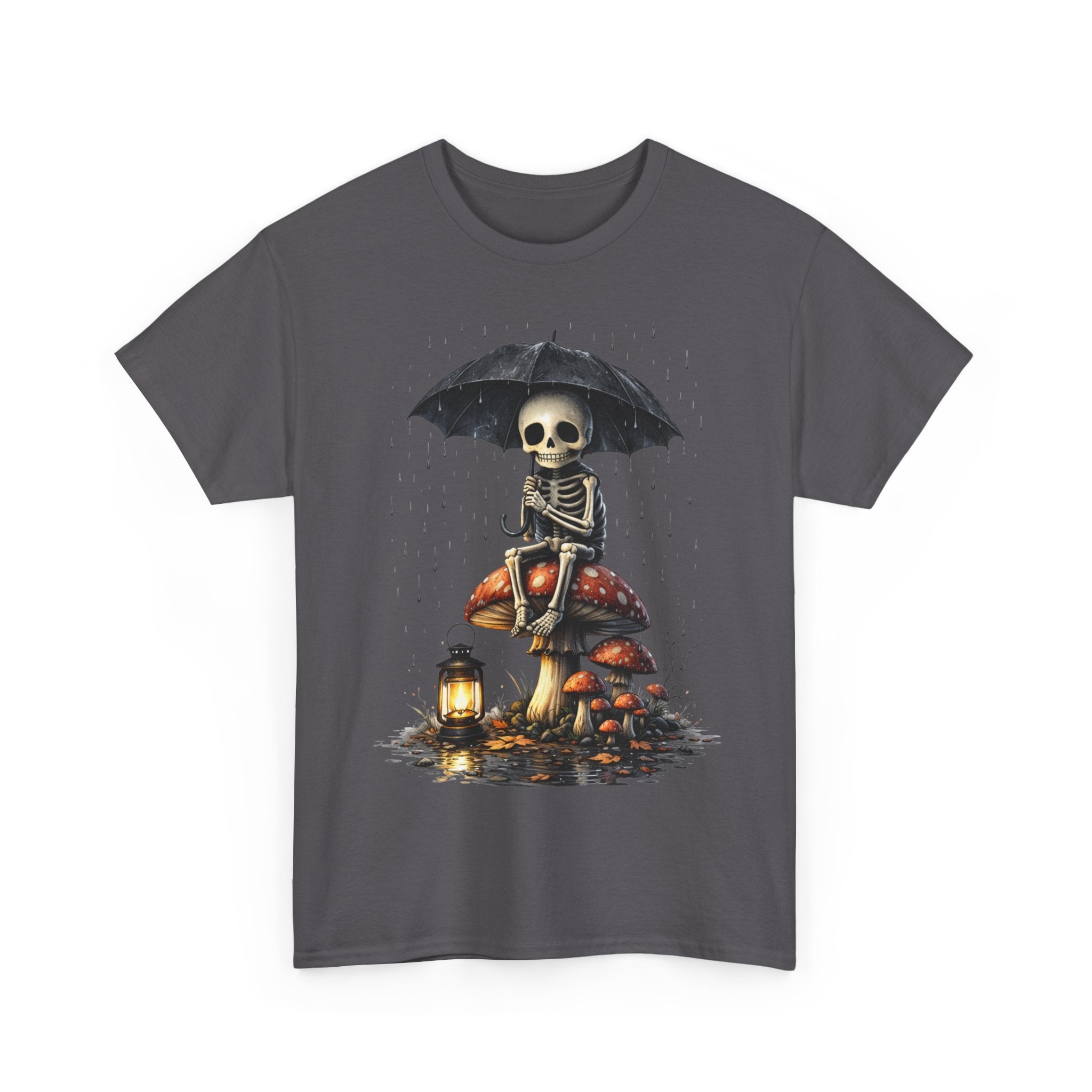 Skeleton on Mushrooms Graphic Tee — Gothic Halloween Skull Umbrella Shirt
