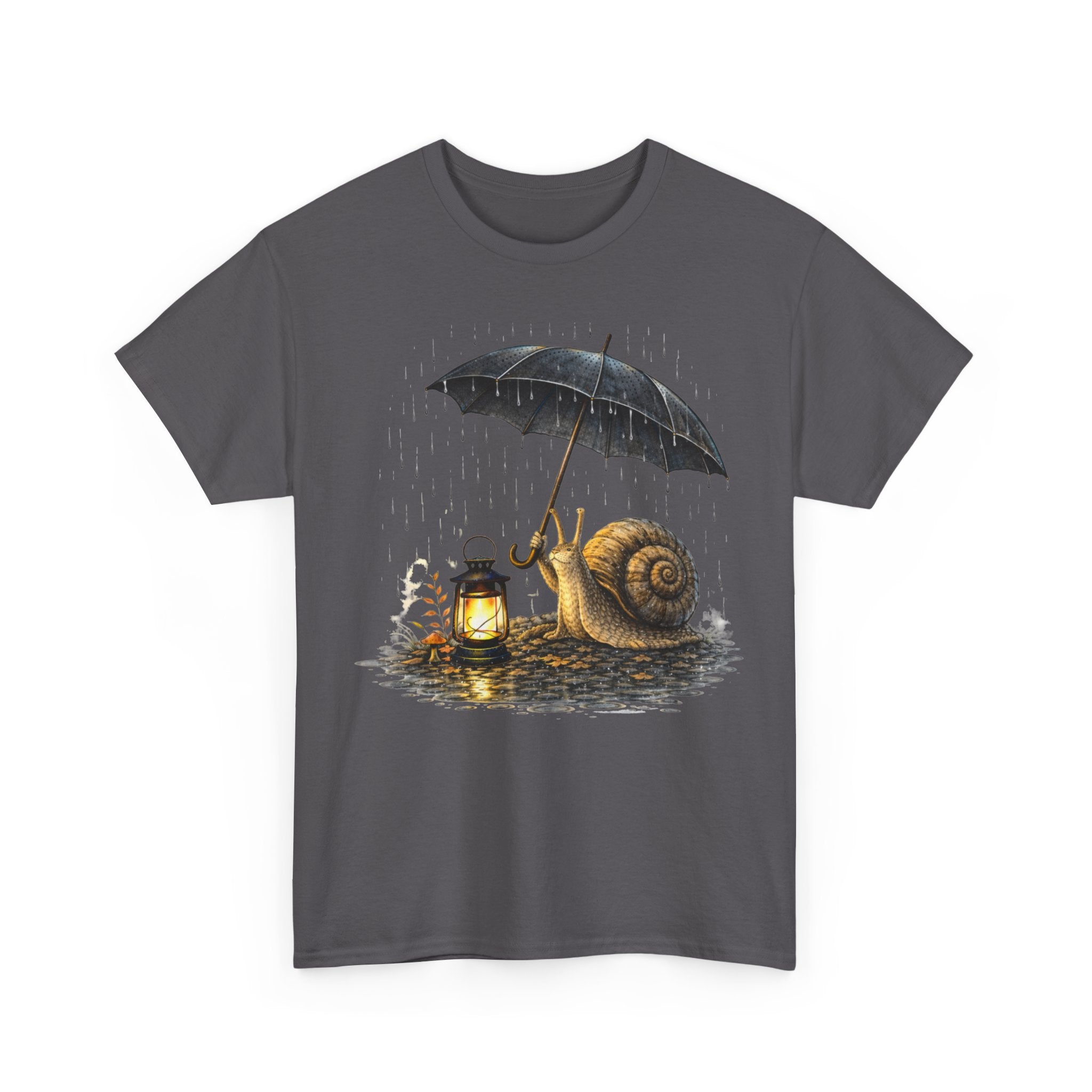 Snail with Lantern & Umbrella T-Shirt — Cozy Rainy Night Graphic Tee