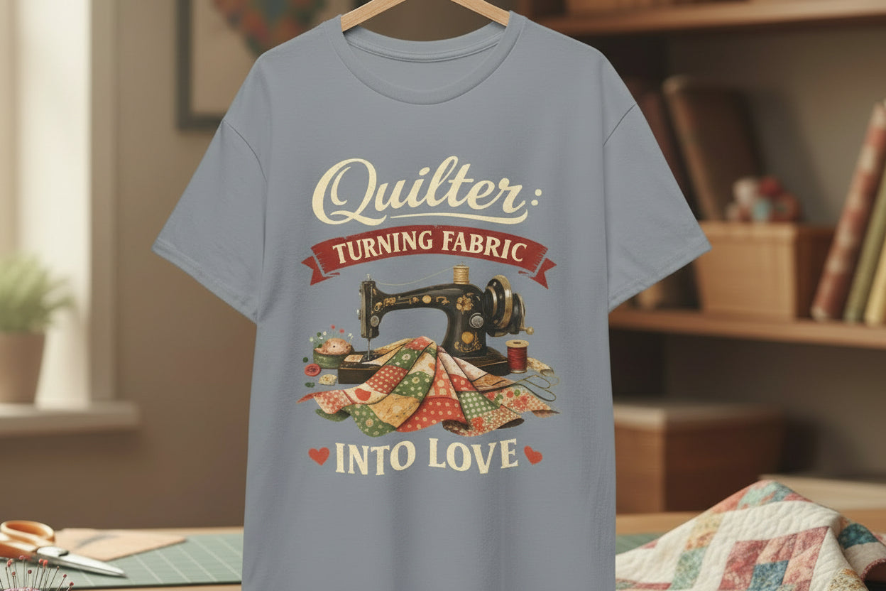 Quilter T-Shirt — "Turning Fabric Into Love" Vintage Sewing Tee