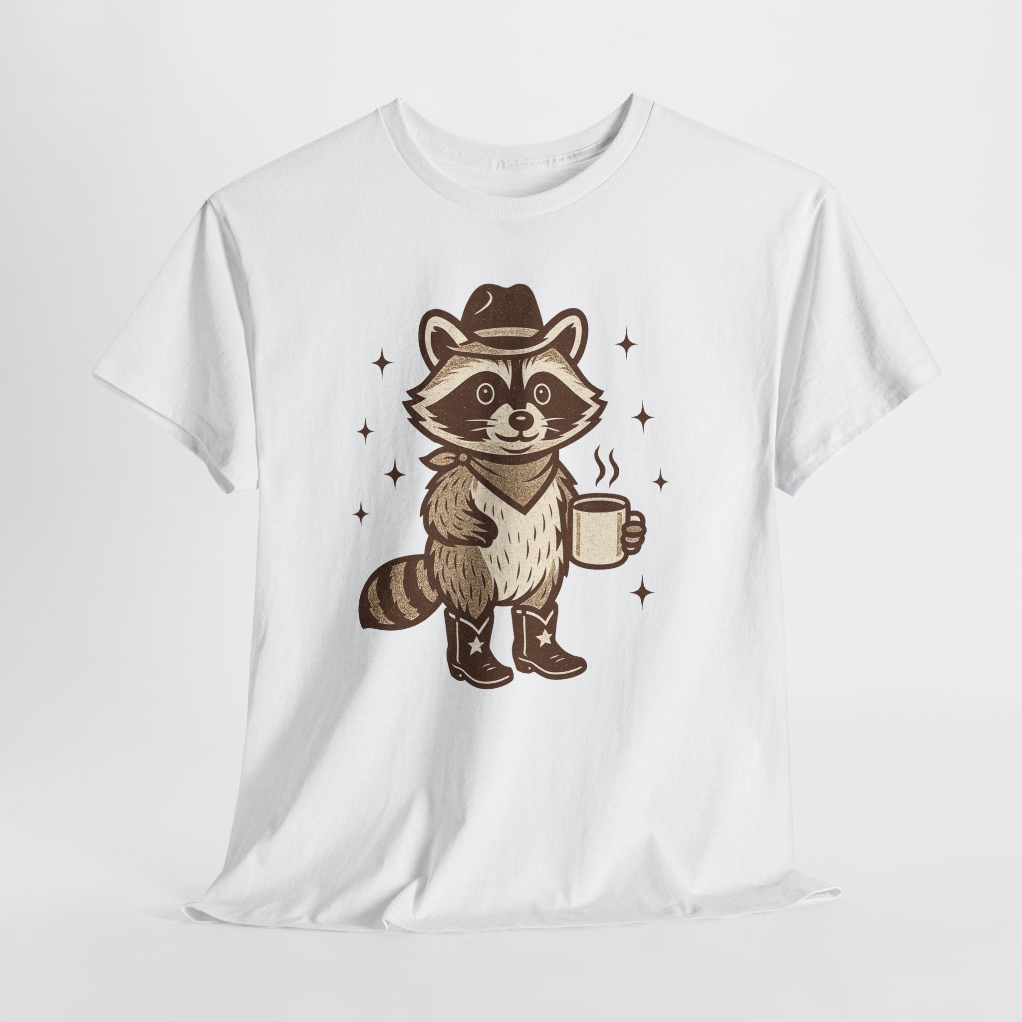 Coffee Raccoon T‑Shirt — Cute Cowboy Raccoon Holding Coffee Graphic Tee