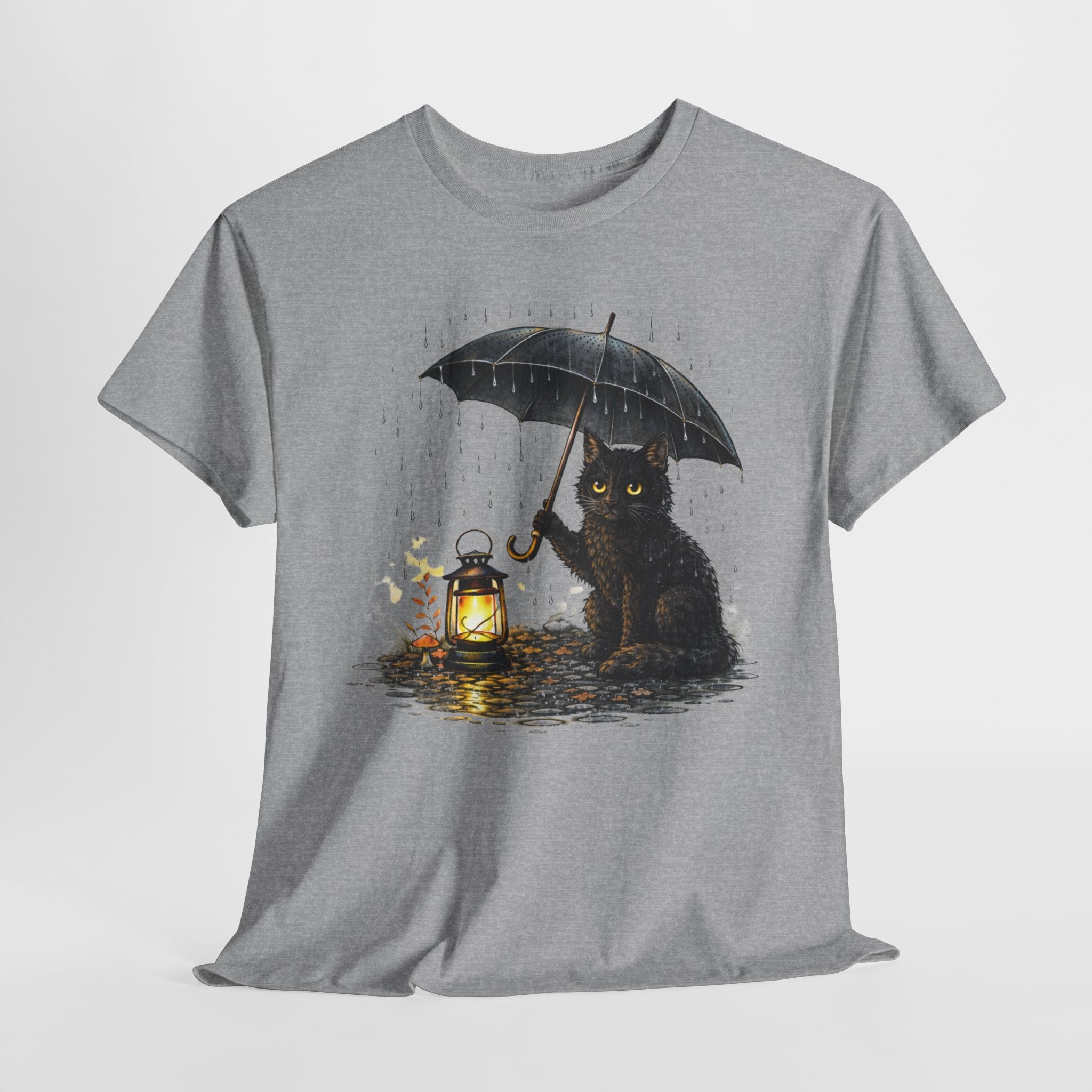 Cat with Lantern T-Shirt — Black Cat Holding Umbrella in Rain Graphic Tee