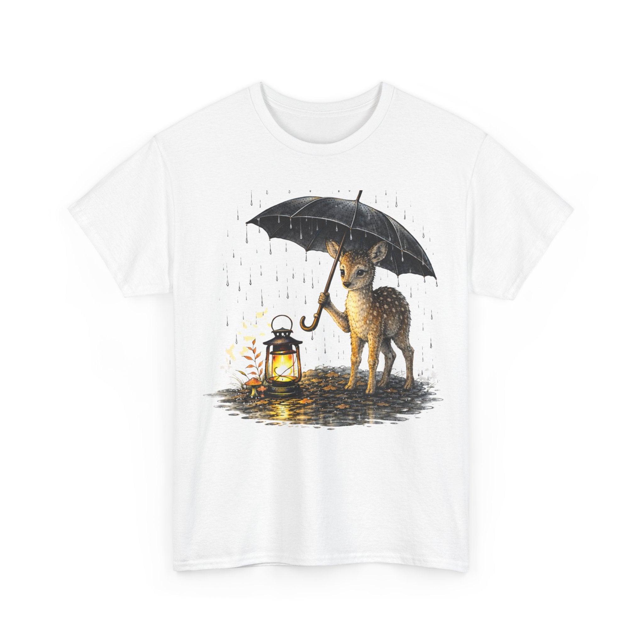 Fawn with Lantern T‑Shirt — Cute Deer Holding Umbrella in Rain Graphic Tee