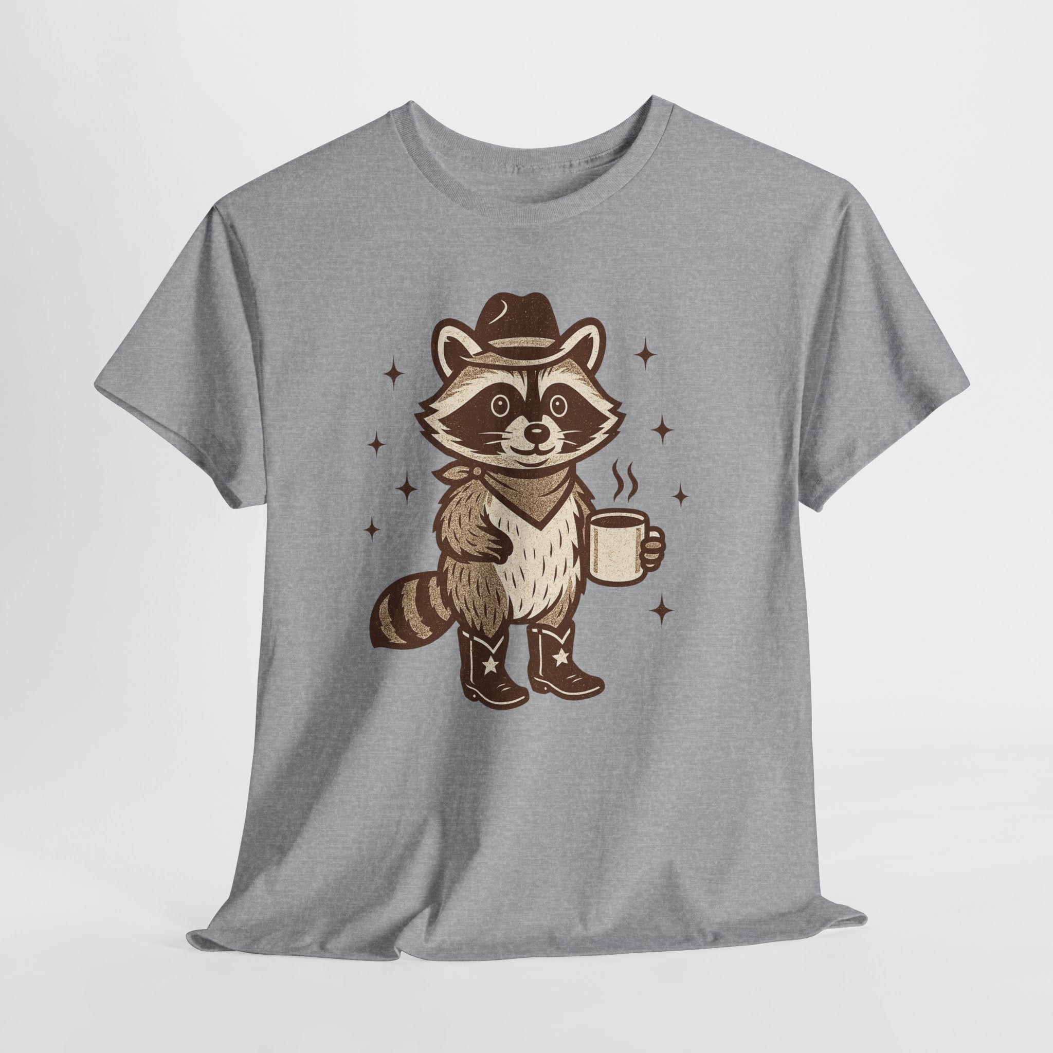 Coffee Raccoon T‑Shirt — Cute Cowboy Raccoon Holding Coffee Graphic Tee
