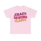 Crazy Sewing Lady T-Shirt — Retro Crafting Tee for Quilters & Makers