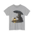 Black Cat with Lantern T‑Shirt — Cute Rainy Night Graphic Tee