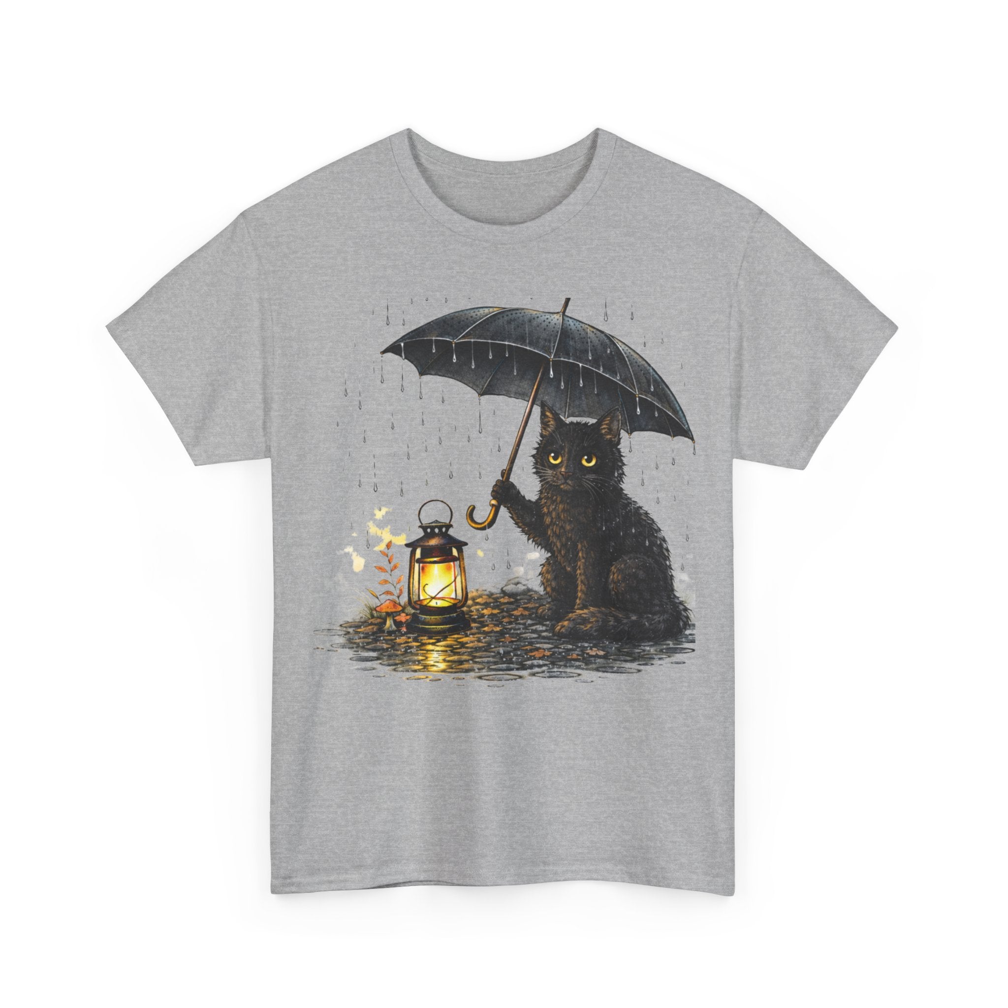 Black Cat with Lantern T‑Shirt — Cute Rainy Night Graphic Tee