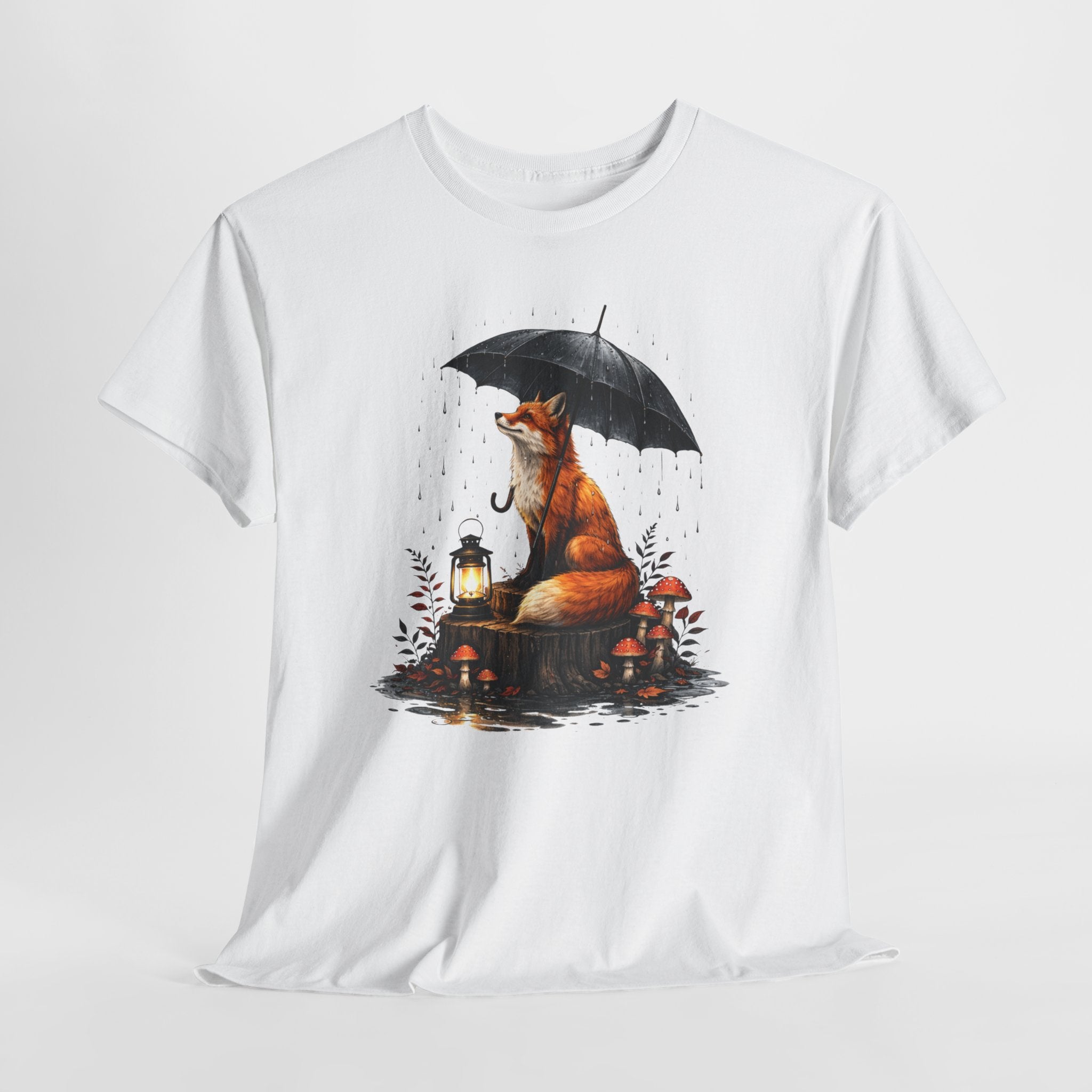 Fox with Umbrella T-Shirt — Whimsical Lantern & Mushroom Forest Tee