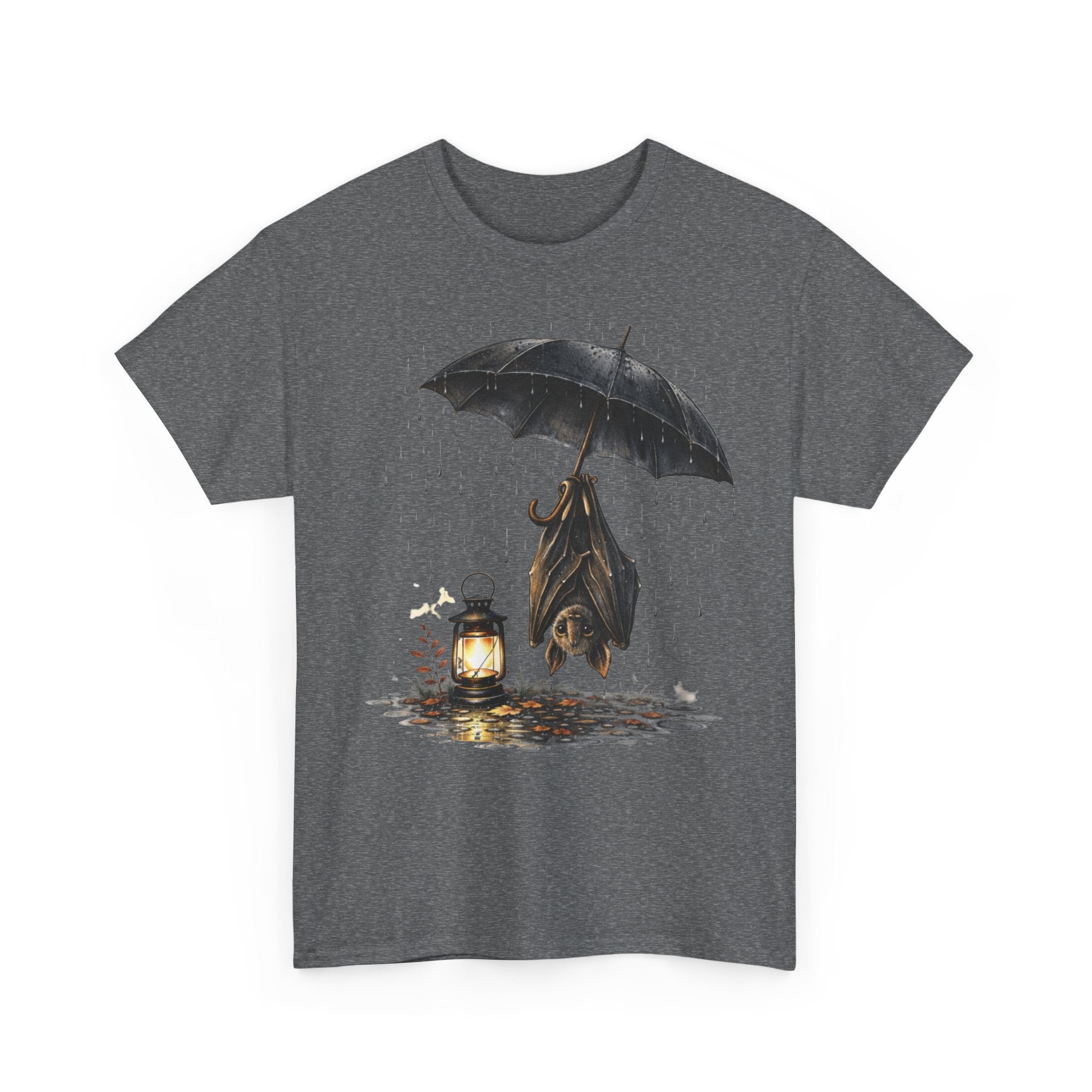 Bat Under Umbrella T‑Shirt — Lantern & Rain Gothic Cute Tee