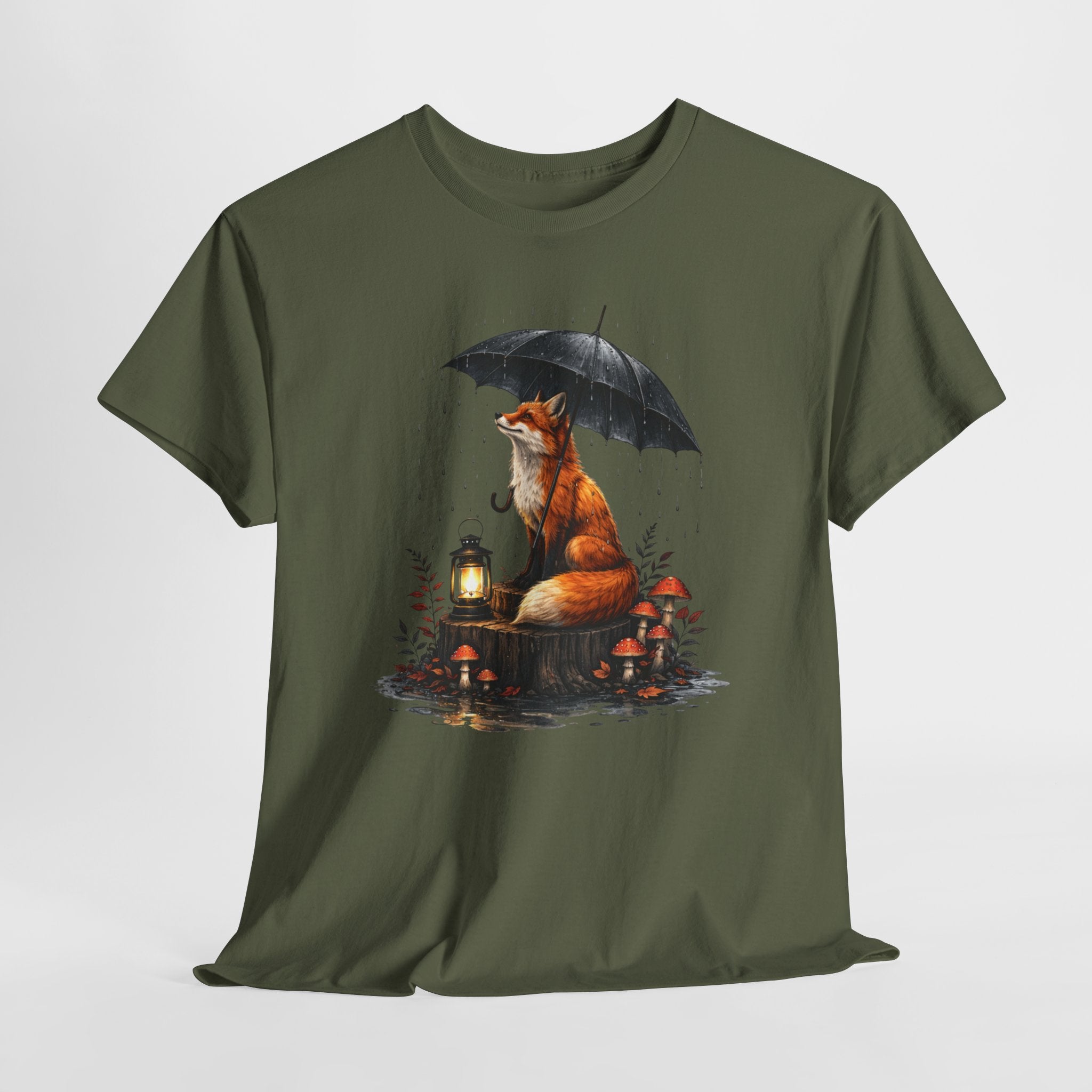 Fox with Umbrella T-Shirt — Whimsical Lantern & Mushroom Forest Tee
