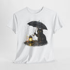Cat with Lantern T-Shirt — Black Cat Holding Umbrella in Rain Graphic Tee