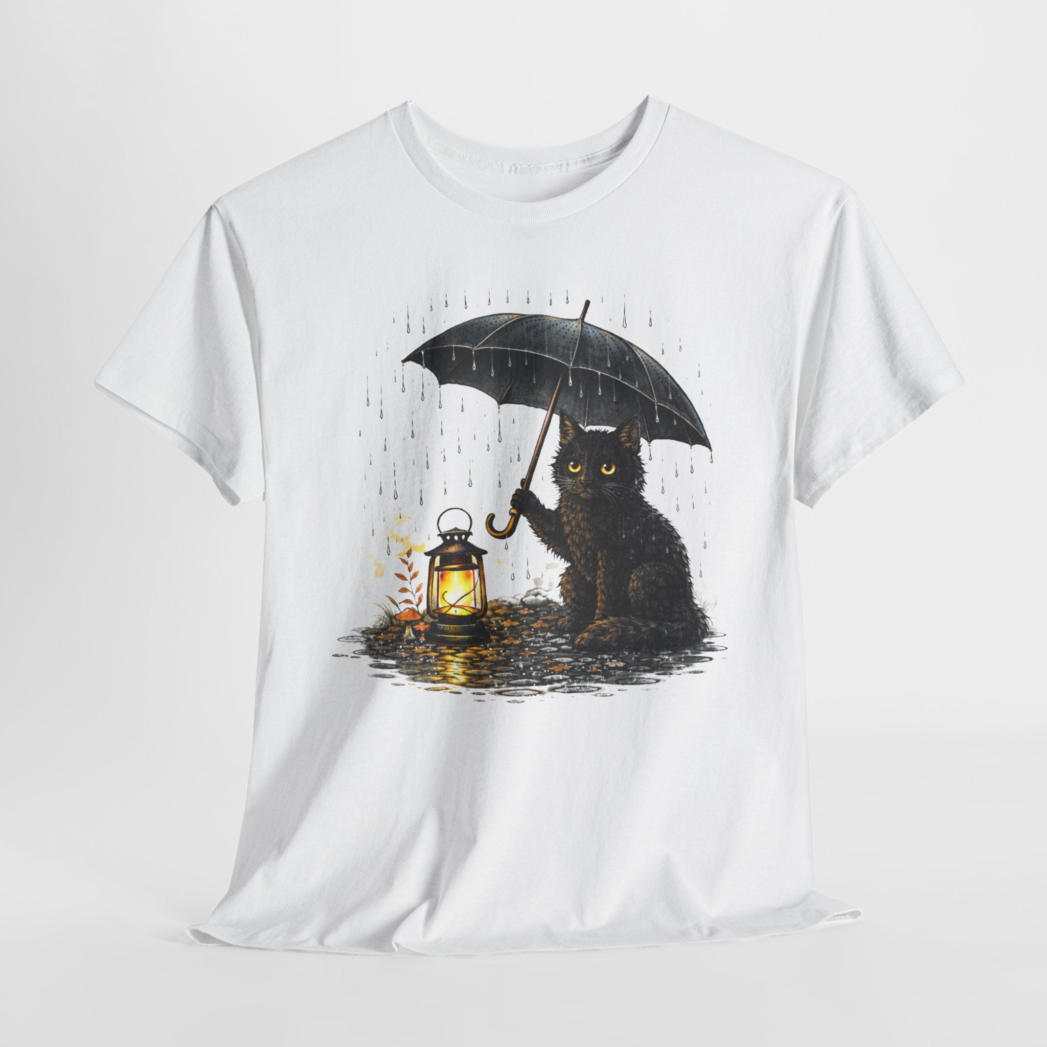 Cat with Lantern T-Shirt — Black Cat Holding Umbrella in Rain Graphic Tee