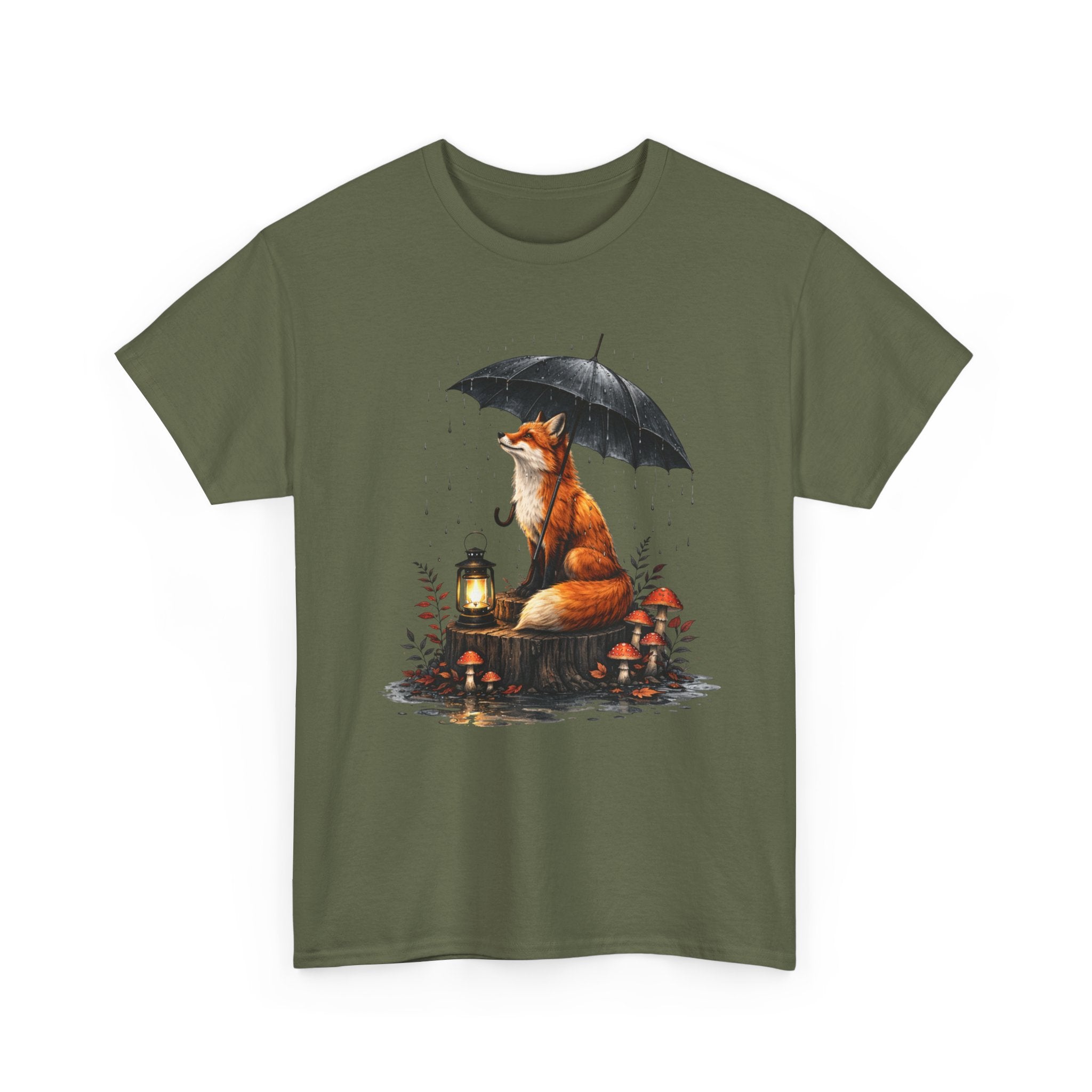 Fox with Umbrella T-Shirt — Whimsical Lantern & Mushroom Forest Tee