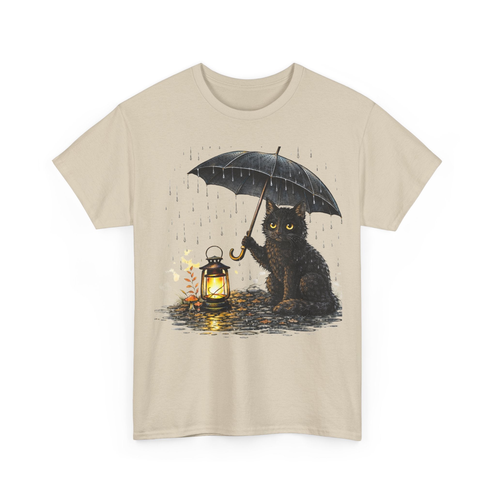 Black Cat with Lantern T‑Shirt — Cute Rainy Night Graphic Tee