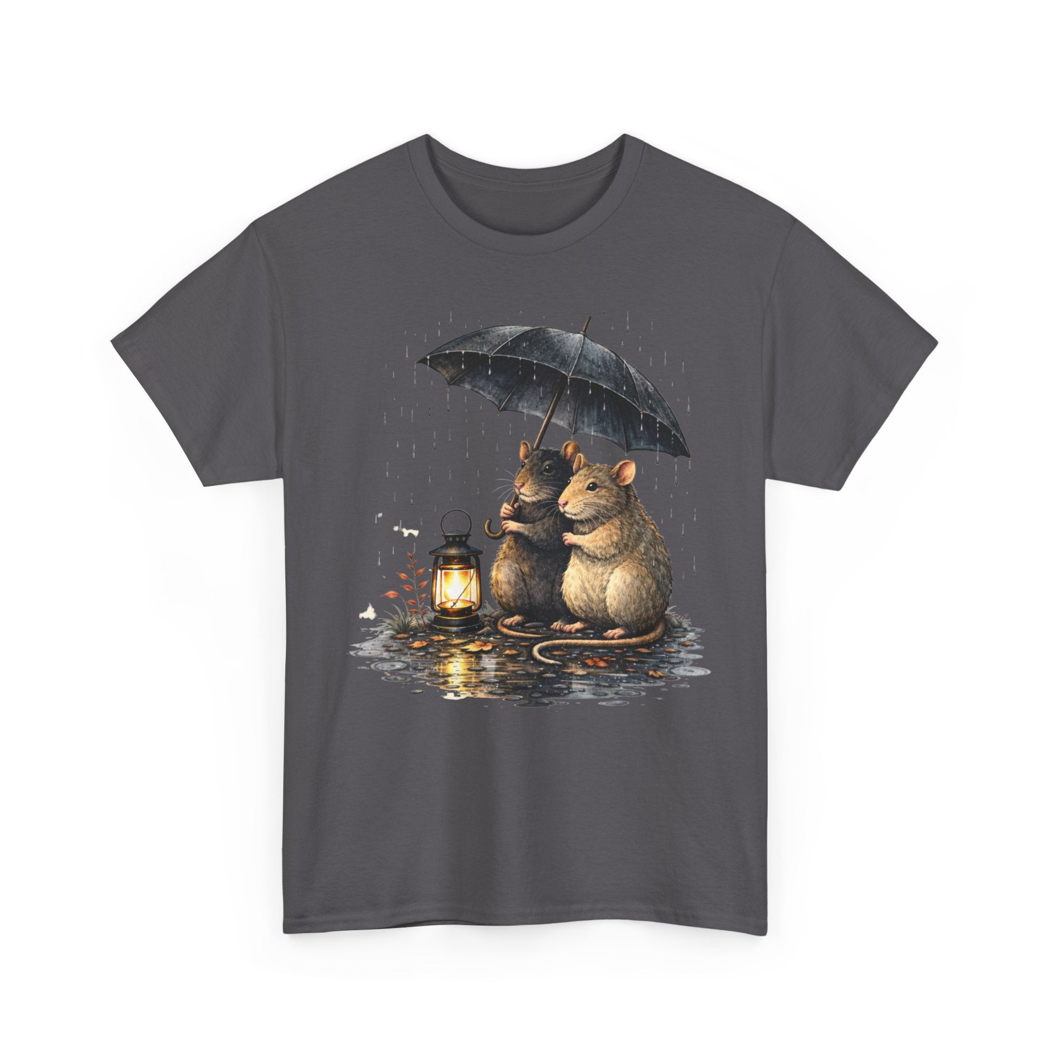 Cute Mice Under Umbrella T-Shirt — Cozy Rainy Night Lantern Tee