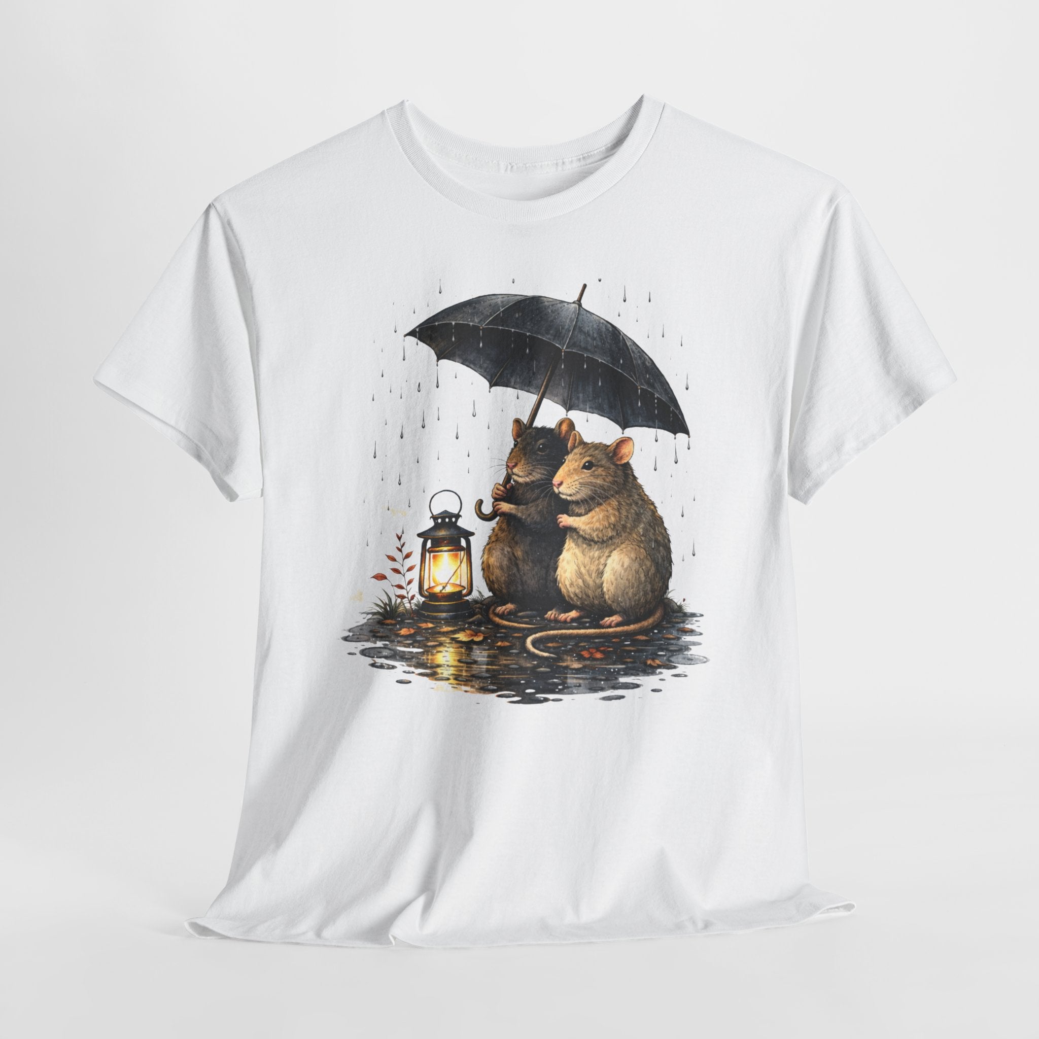 Cute Mice Under Umbrella T-Shirt — Cozy Rainy Night Lantern Tee