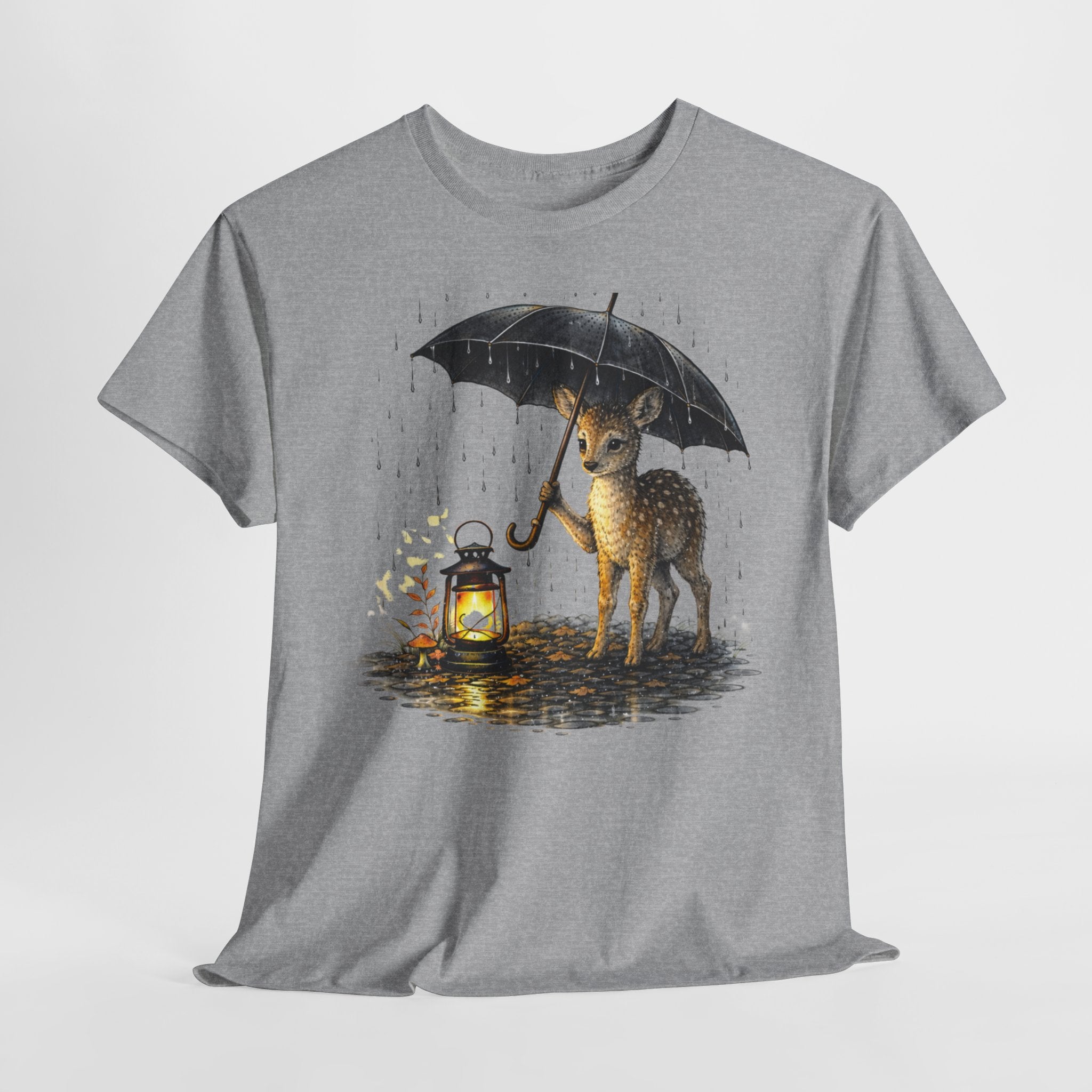 Fawn with Lantern T‑Shirt — Cute Deer Holding Umbrella in Rain Graphic Tee